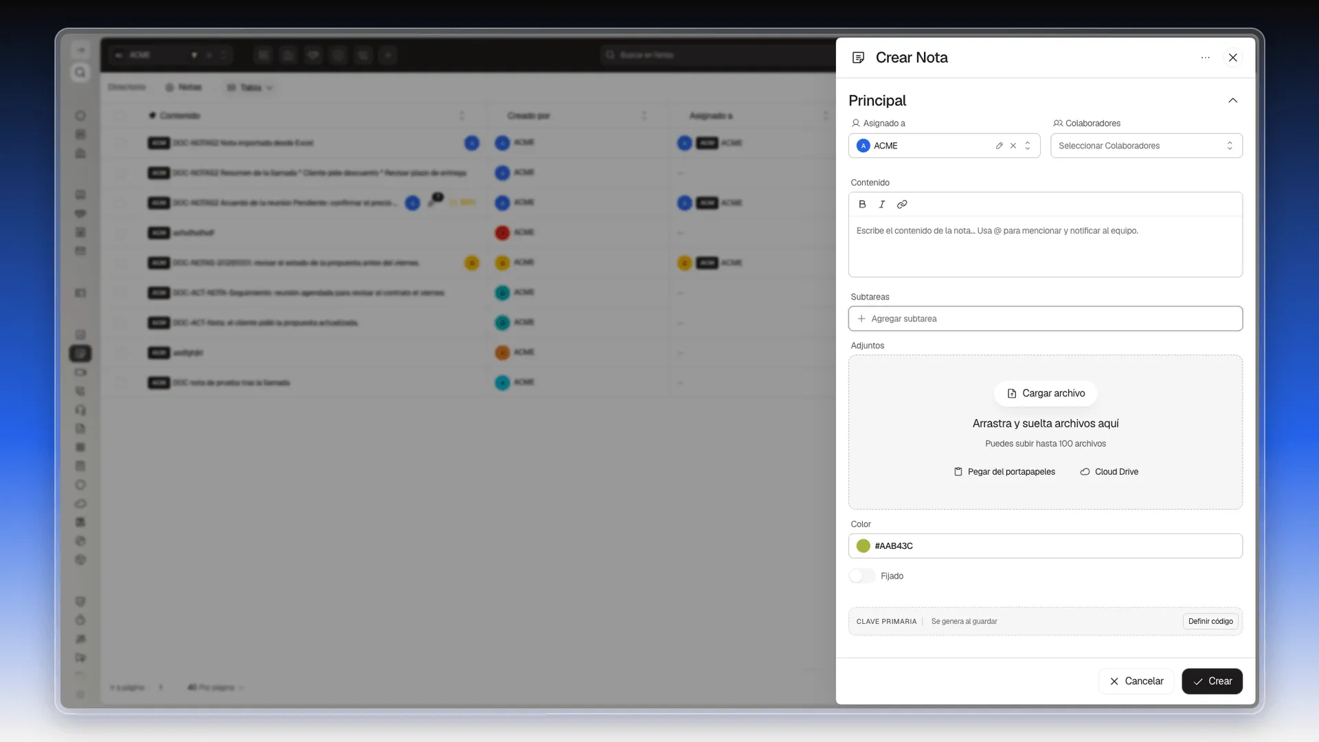 Panel Crear Nota vacío con los campos Asignado a, Colaboradores, Contenido, Subtareas, Adjuntos, Color, Fijado y Clave primaria