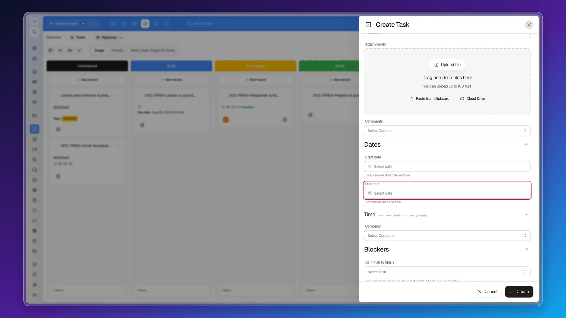 Create Task panel with the Dates block highlighted