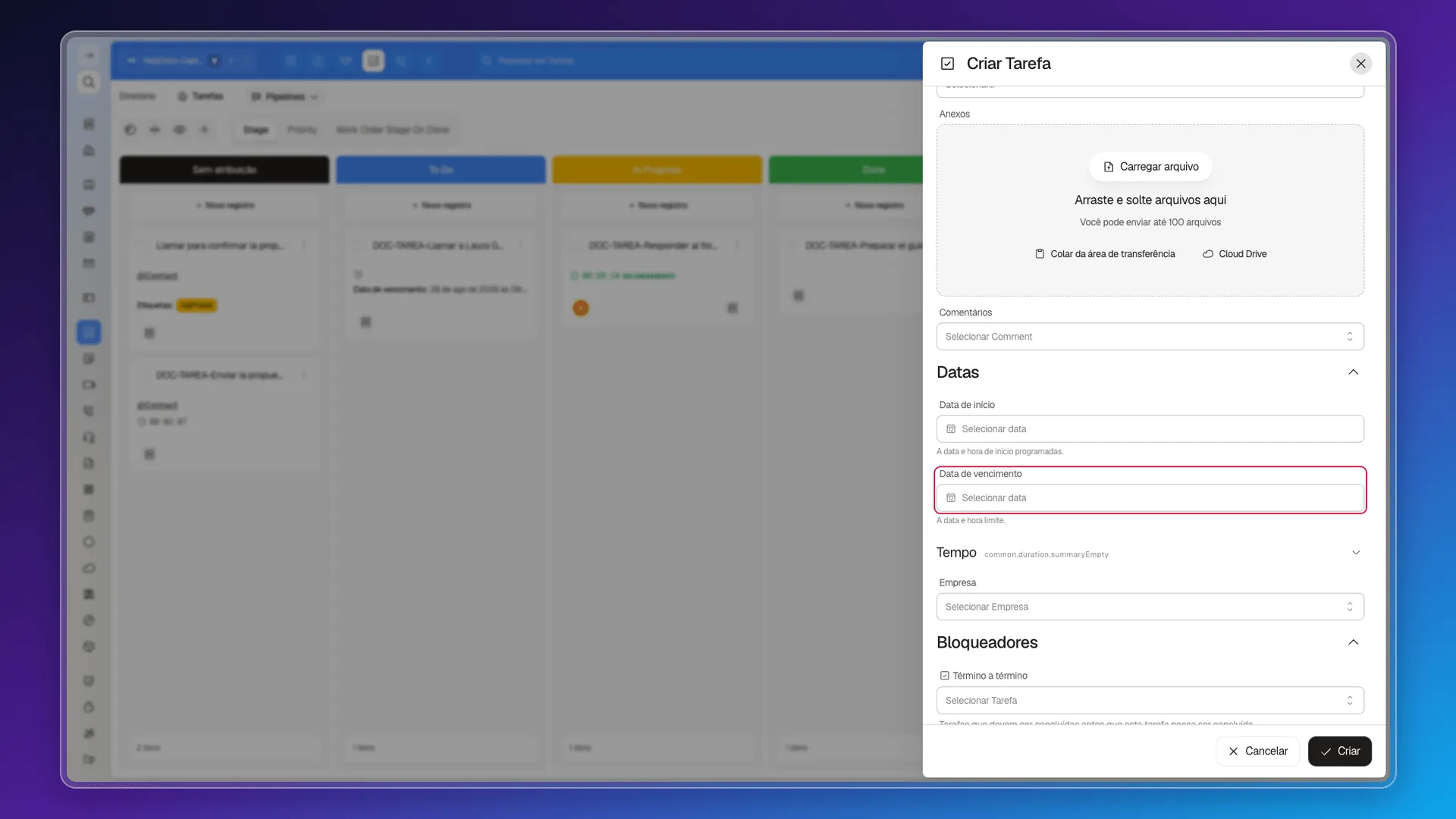 Painel Criar Tarefa com o bloco de Datas destacado