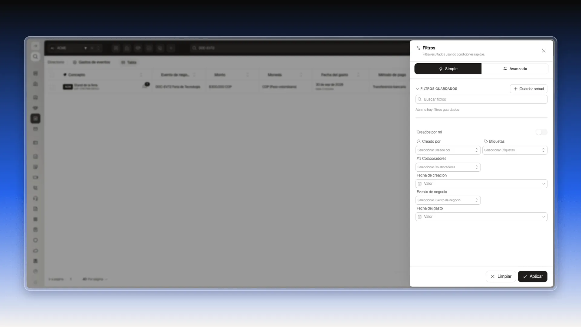 Panel Filtros de Gastos de eventos con los campos Evento de negocio y Fecha del gasto