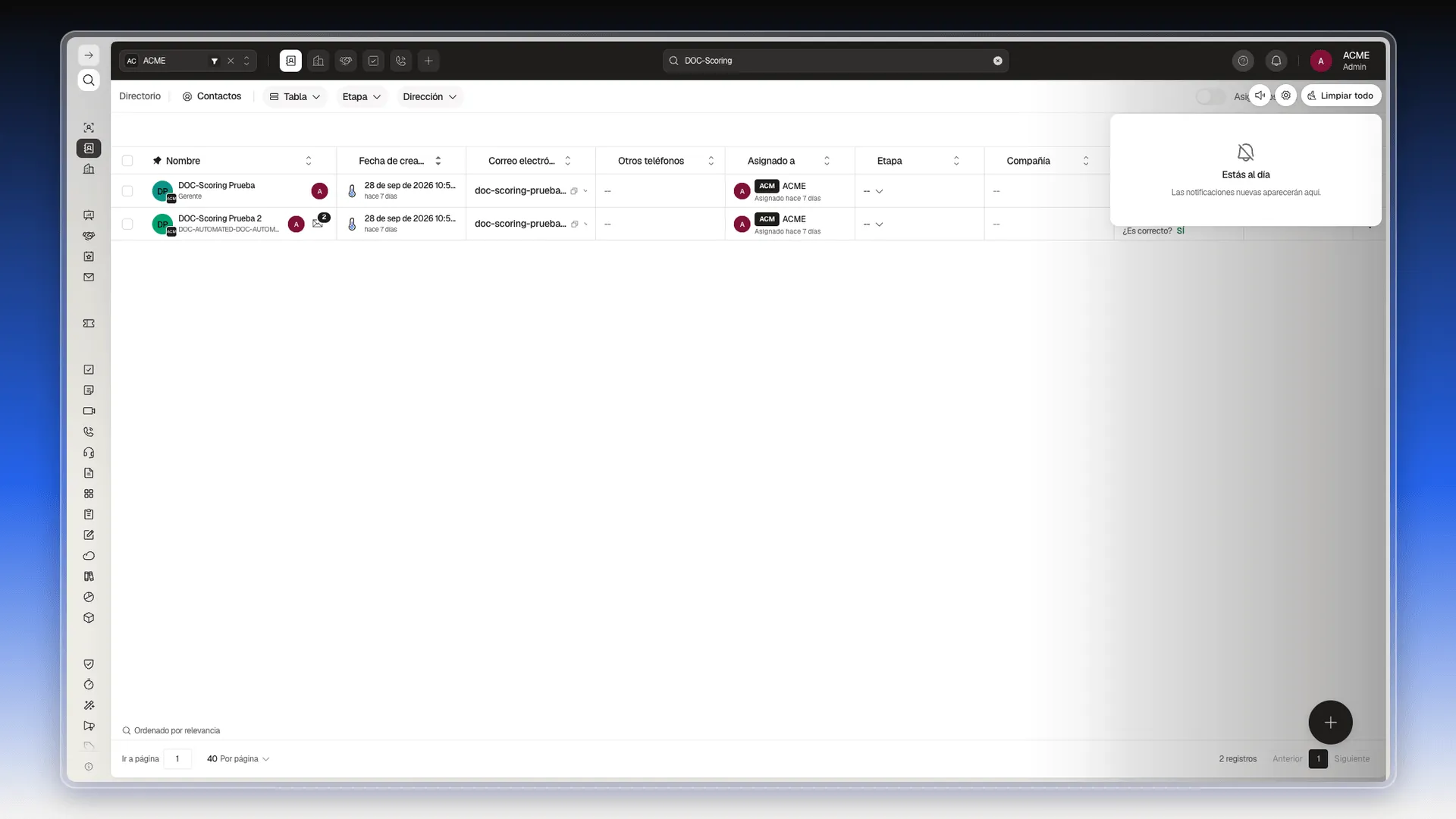 Panel de notificaciones vacío con el mensaje Estás al día, el icono de sonido, el engranaje y el botón Limpiar todo