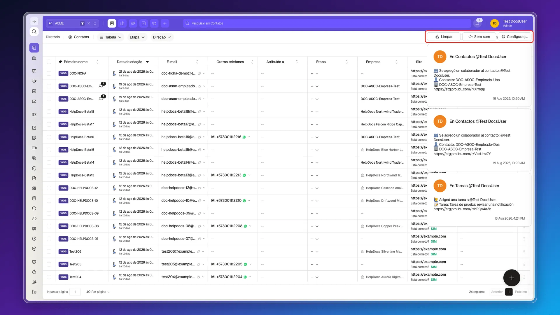 Painel de notificações com uma notificação e os controles Limpar, Sem som e Configurações