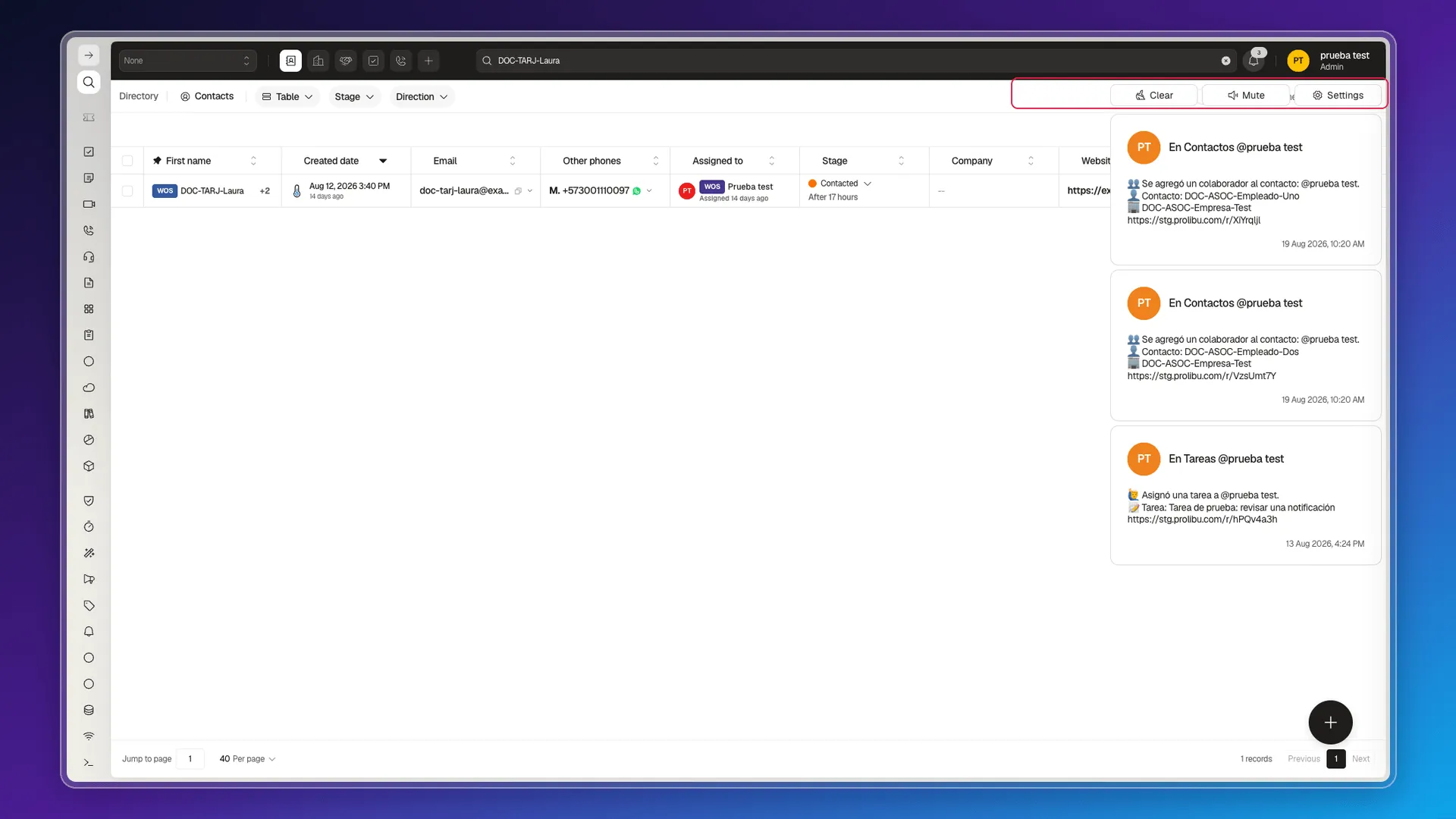 Notifications panel with a notification and the Clear, Mute, and Settings controls