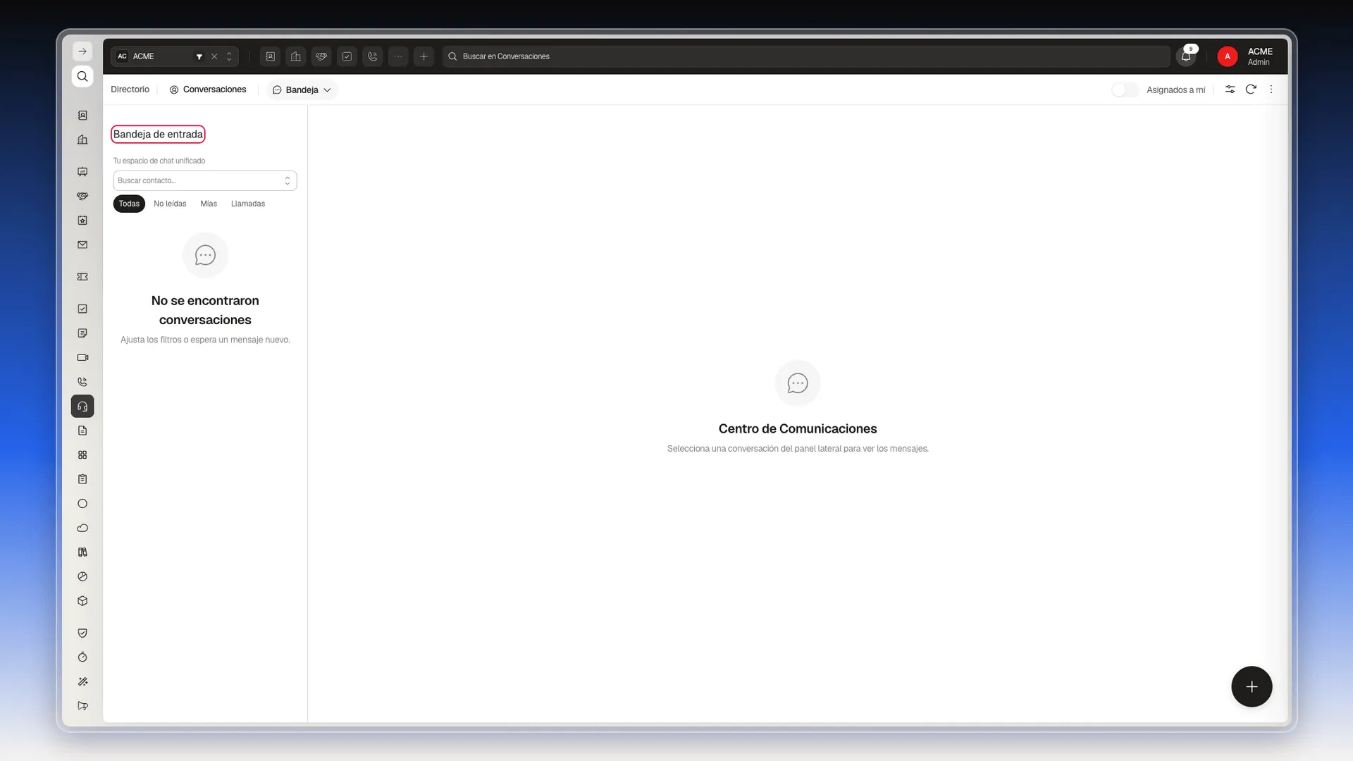 Panel de hilos del Centro de Comunicación con el título Bandeja de entrada resaltado
