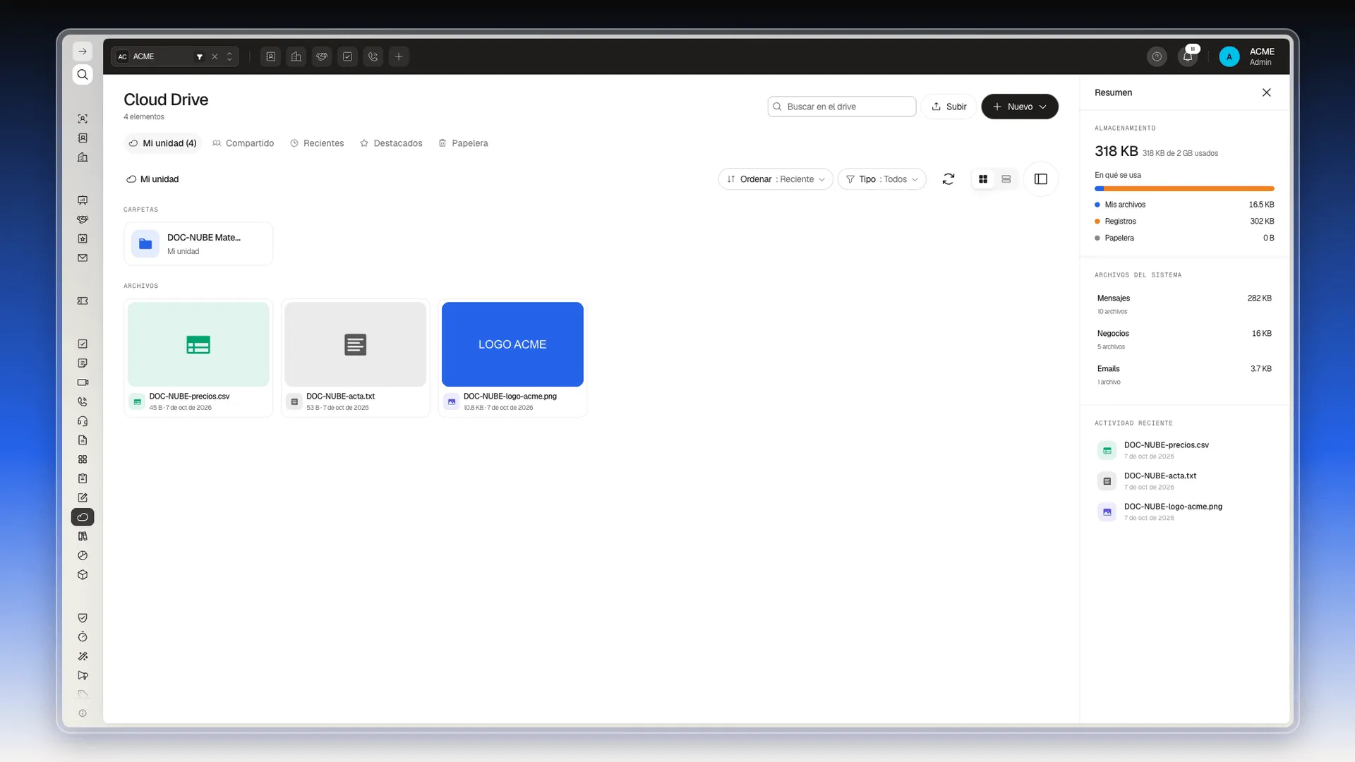 Cloud Drive con una carpeta y tres archivos, las pestañas arriba y el panel Resumen a la derecha