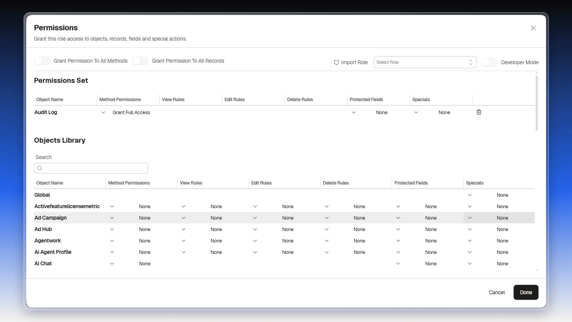 Permissions editor with the Permissions Set and Objects Library tables