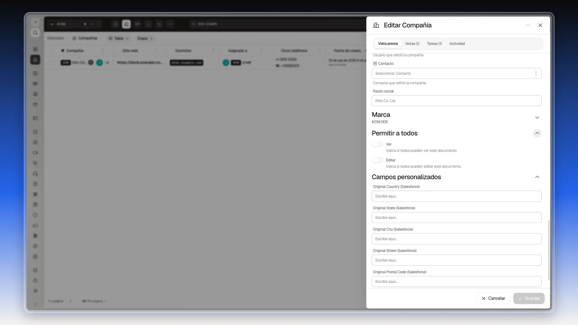 Sección Permitir a todos desplegada con los interruptores Ver y Editar apagados