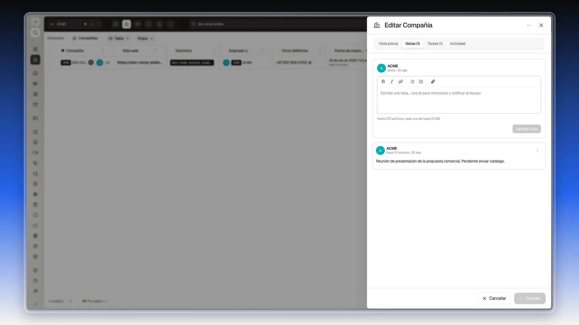 Pestaña Notas de la ficha con el recuadro para escribir y una nota ya agregada debajo