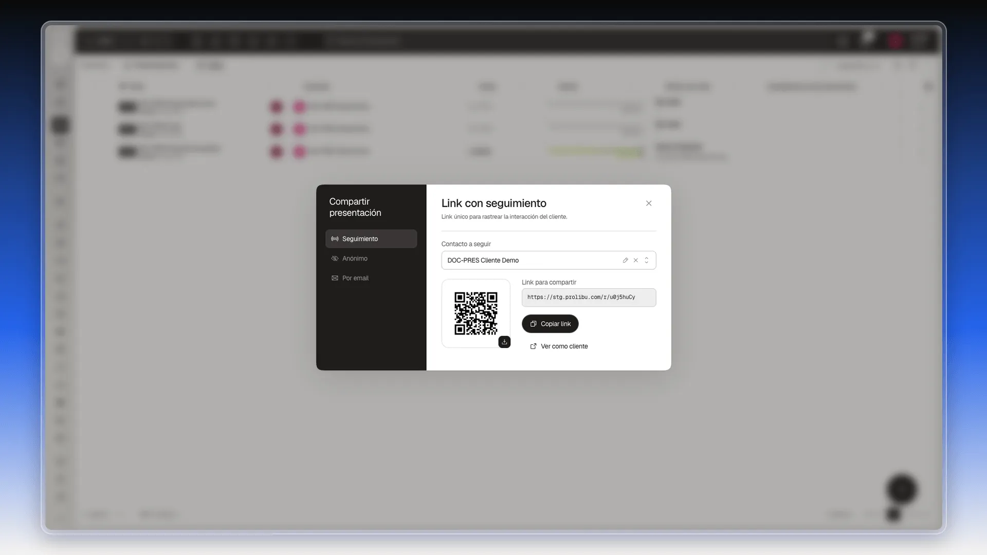 Pestaña Seguimiento del diálogo Compartir presentación con el contacto a seguir, el código QR, el link y los botones Copiar link y Ver como cliente