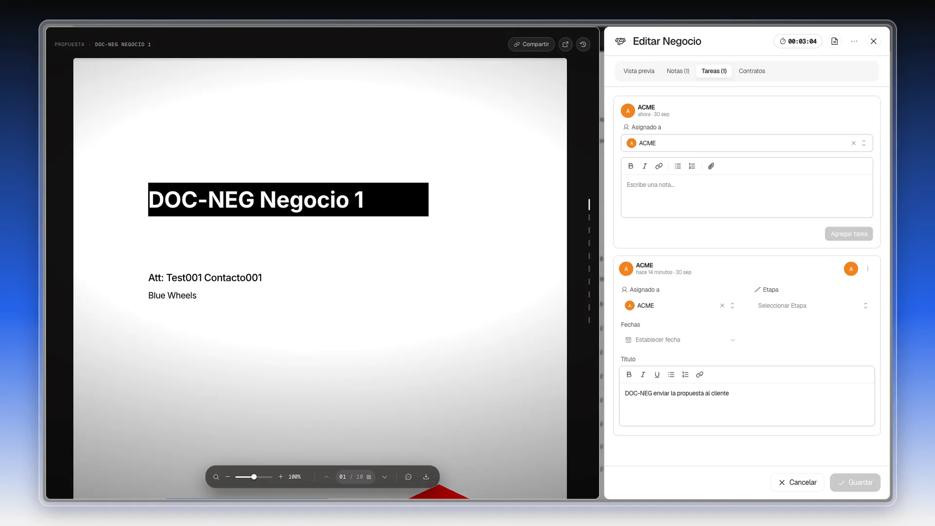 Pestaña Tareas de un negocio con el formulario para agregar una tarea y, debajo, la tarjeta de una tarea con Asignado a, Etapa, Fechas y Título