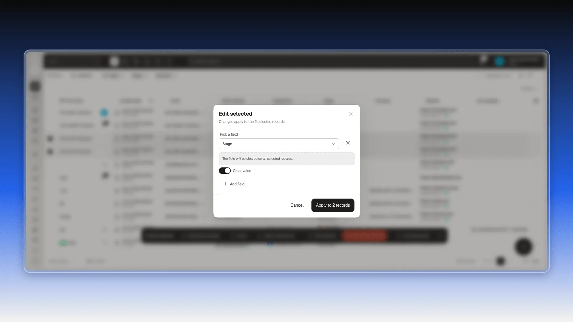 Edit selected dialog with the Stage field picked and its value control highlighted