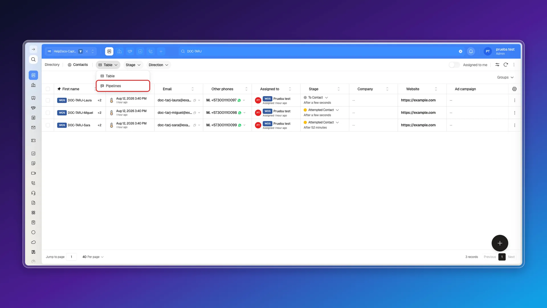 Open view selector with the Table and Pipelines options, with Pipelines marked with a red box