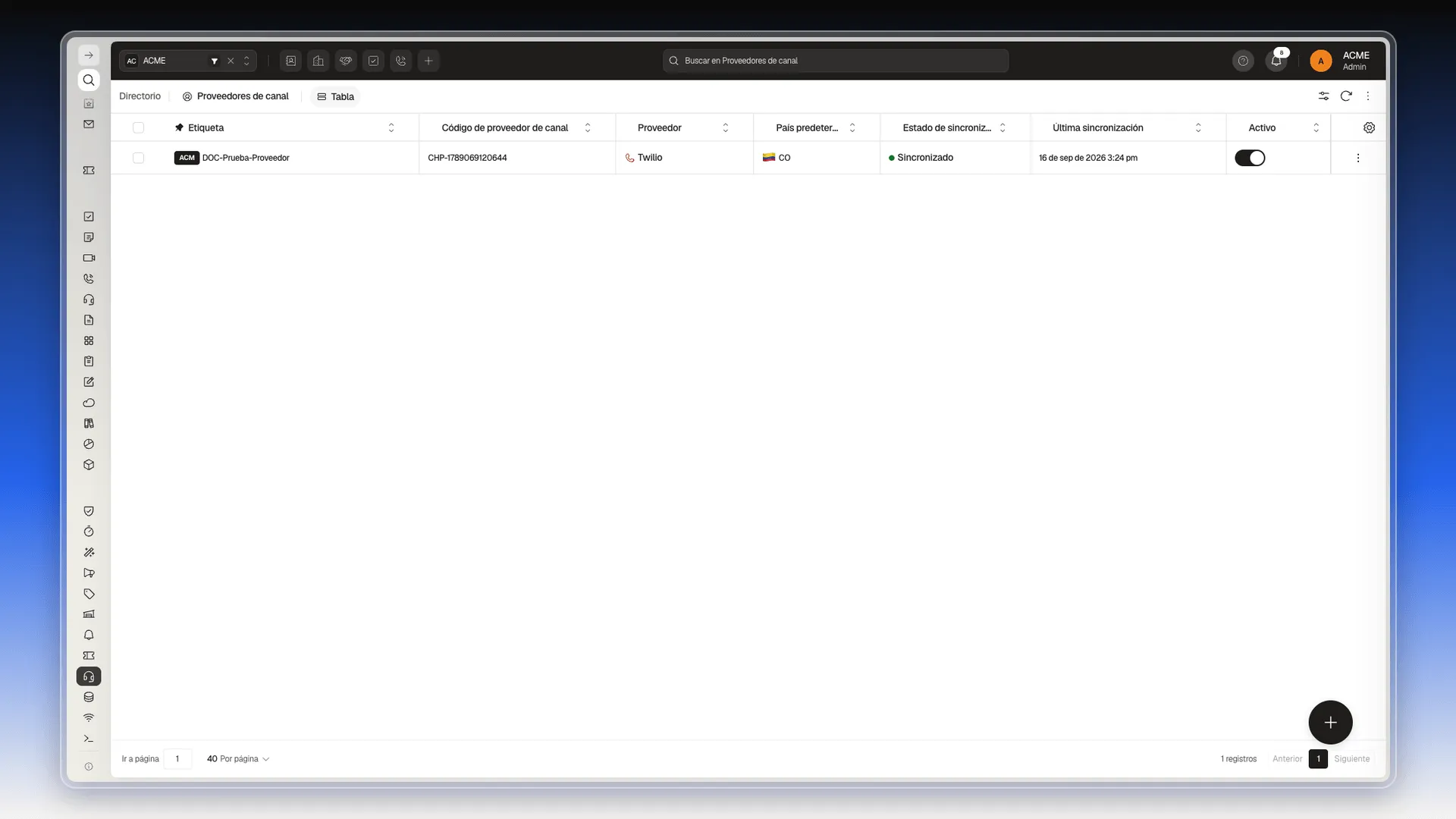 Lista de Proveedores de canal con un proveedor Twilio sincronizado