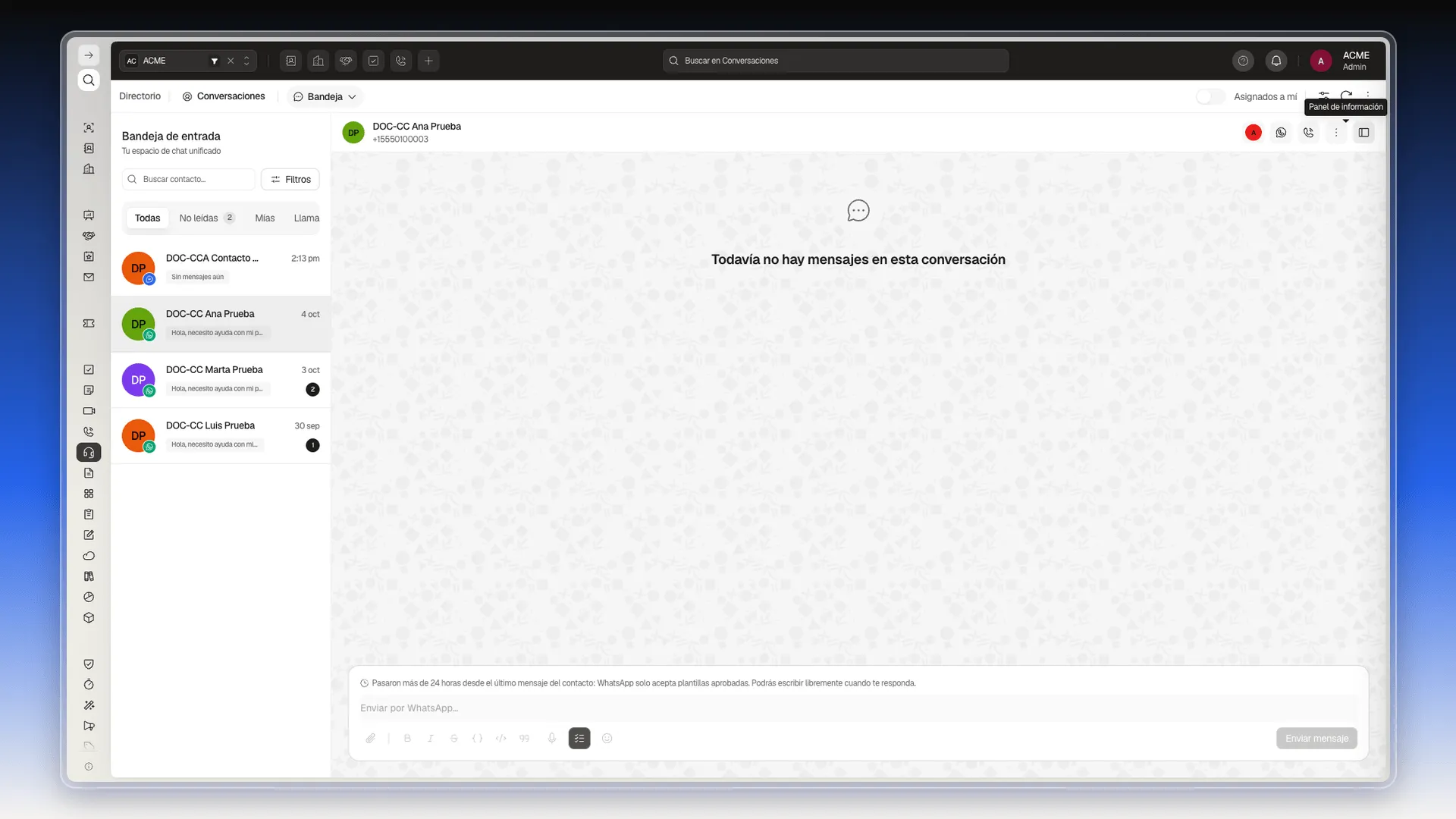 Redactor de una conversación de WhatsApp fuera de la ventana de 24 horas, con el aviso resaltado