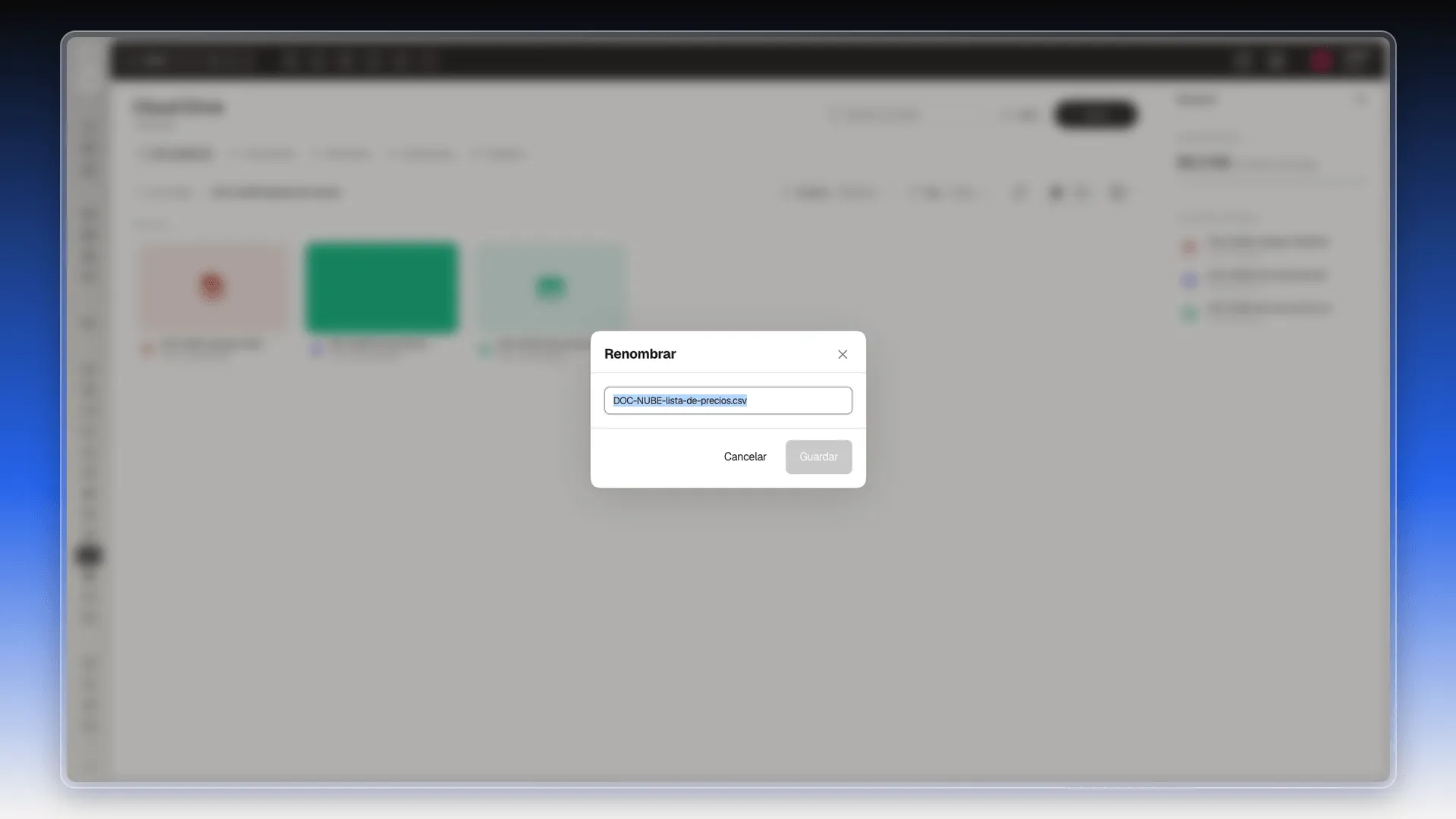 Cuadro Renombrar con el nombre DOC-NUBE-lista-de-precios.csv seleccionado y Guardar desactivado