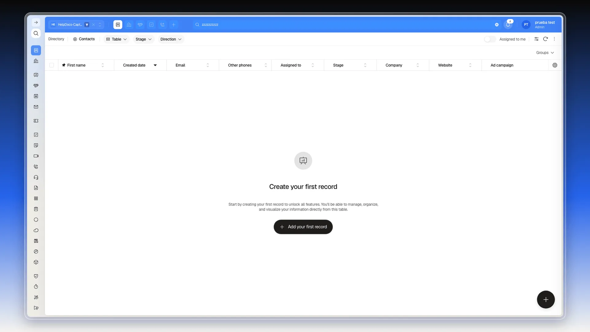 Contacts table with no matches for the entered search