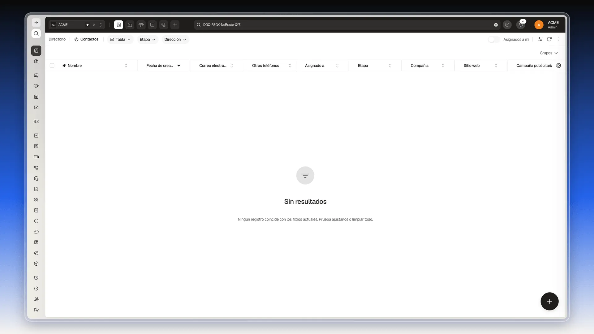 Tabla de Contactos vacía con el aviso Sin resultados tras buscar un texto que no existe