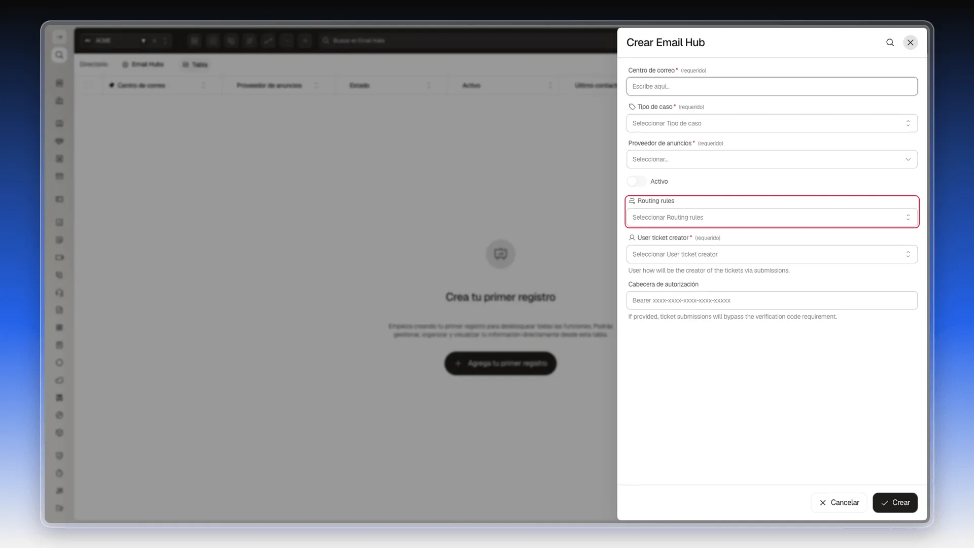 Formulario Crear Email Hub con el campo Routing rules resaltado