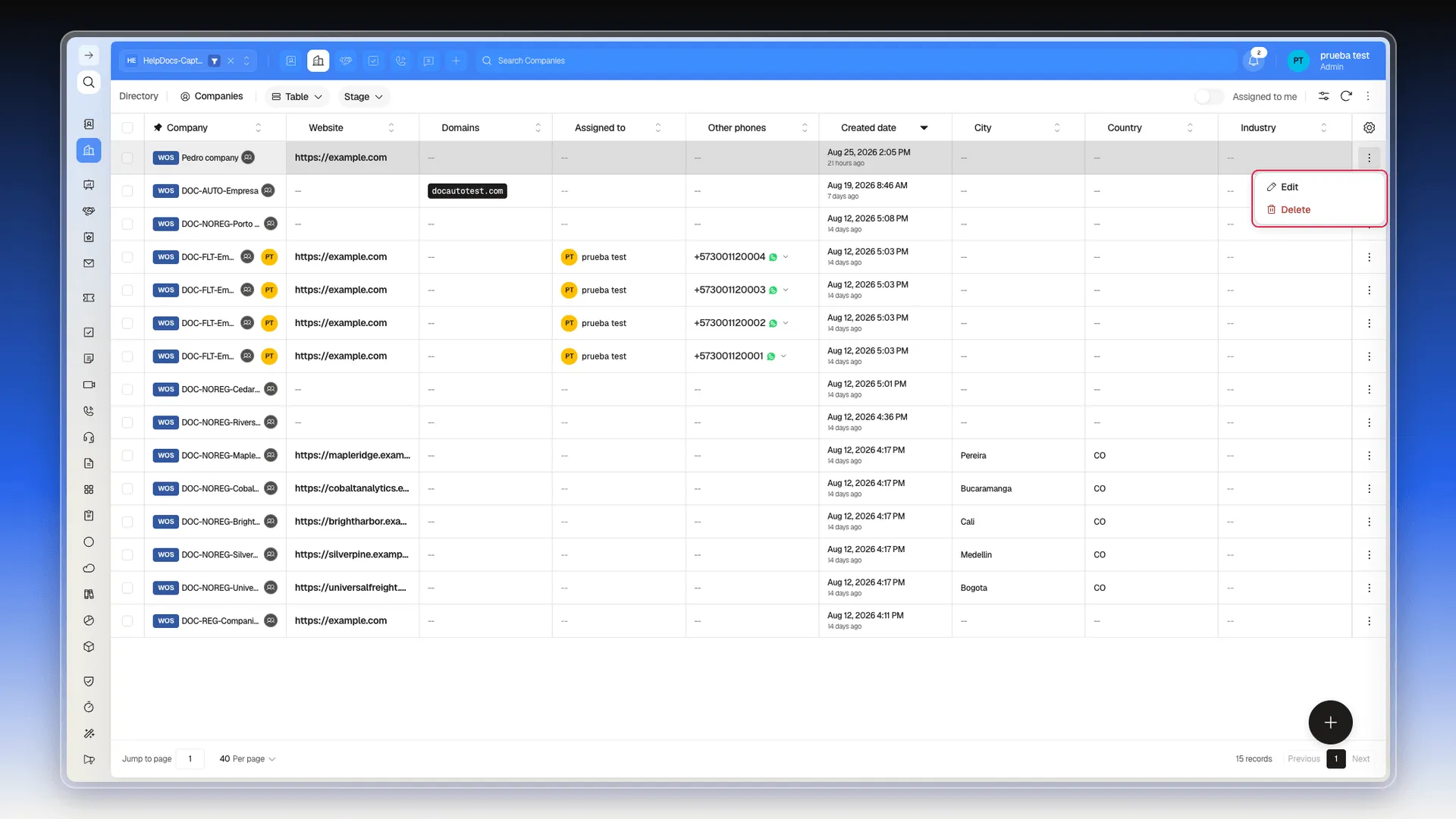 Company row action menu with Edit and Delete