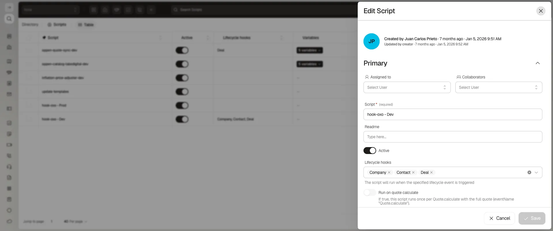 Edit Script form with Lifecycle hooks set to Company, Contact and Deal, and the note 'The script will run when the specified lifecycle event is triggered'