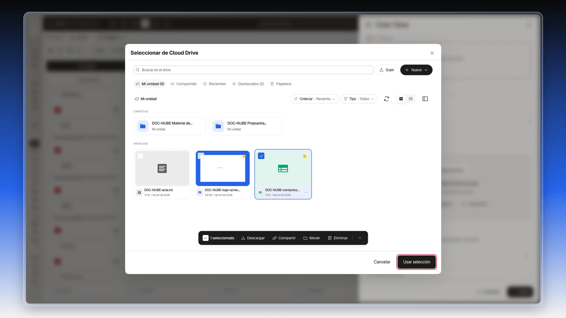 Cuadro Seleccionar de Cloud Drive con DOC-NUBE-contactos.csv marcado y el botón Usar selección resaltado