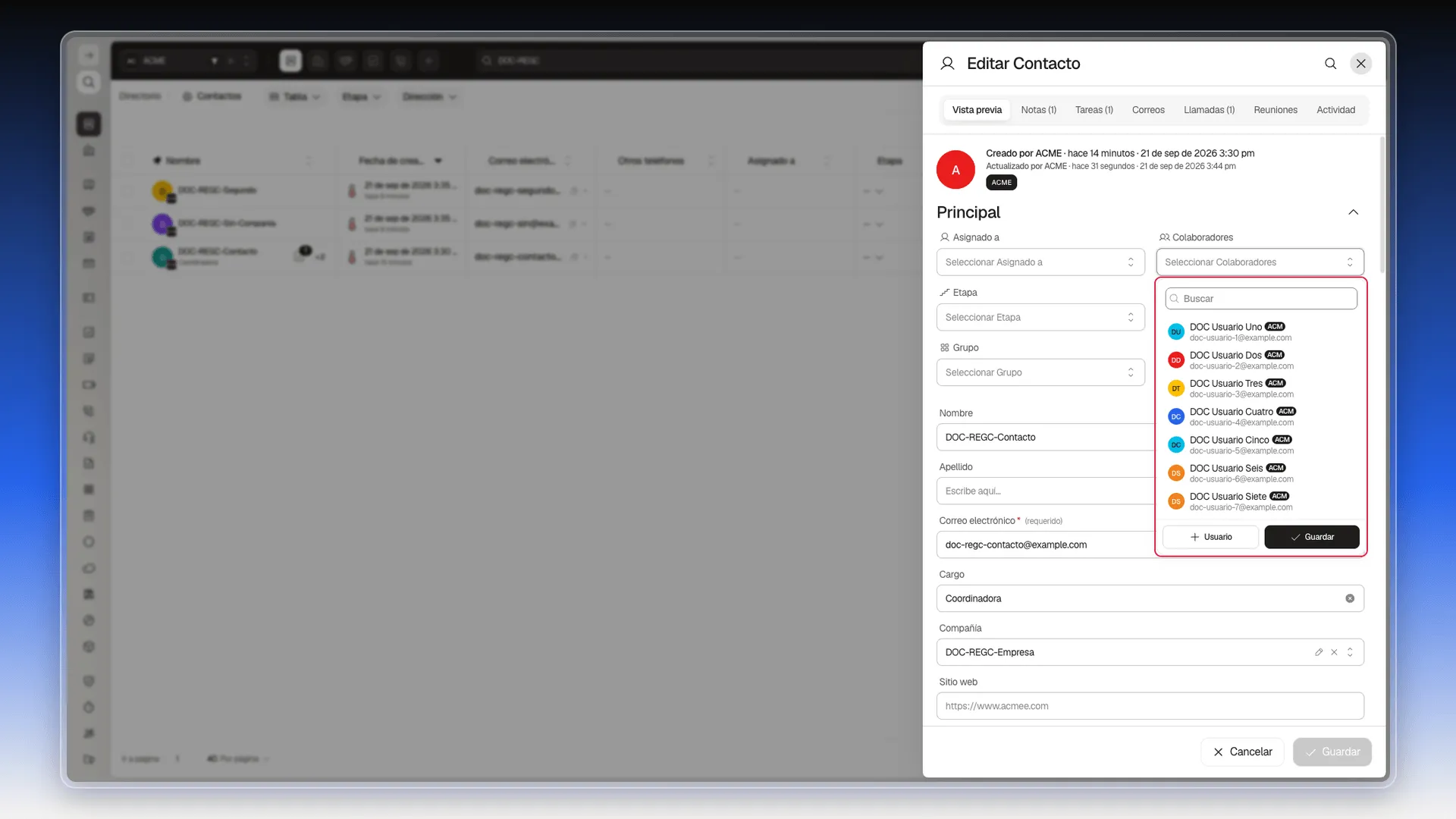 Selector de Colaboradores abierto, con el campo de búsqueda y la lista de usuarios de la cuenta para agregar