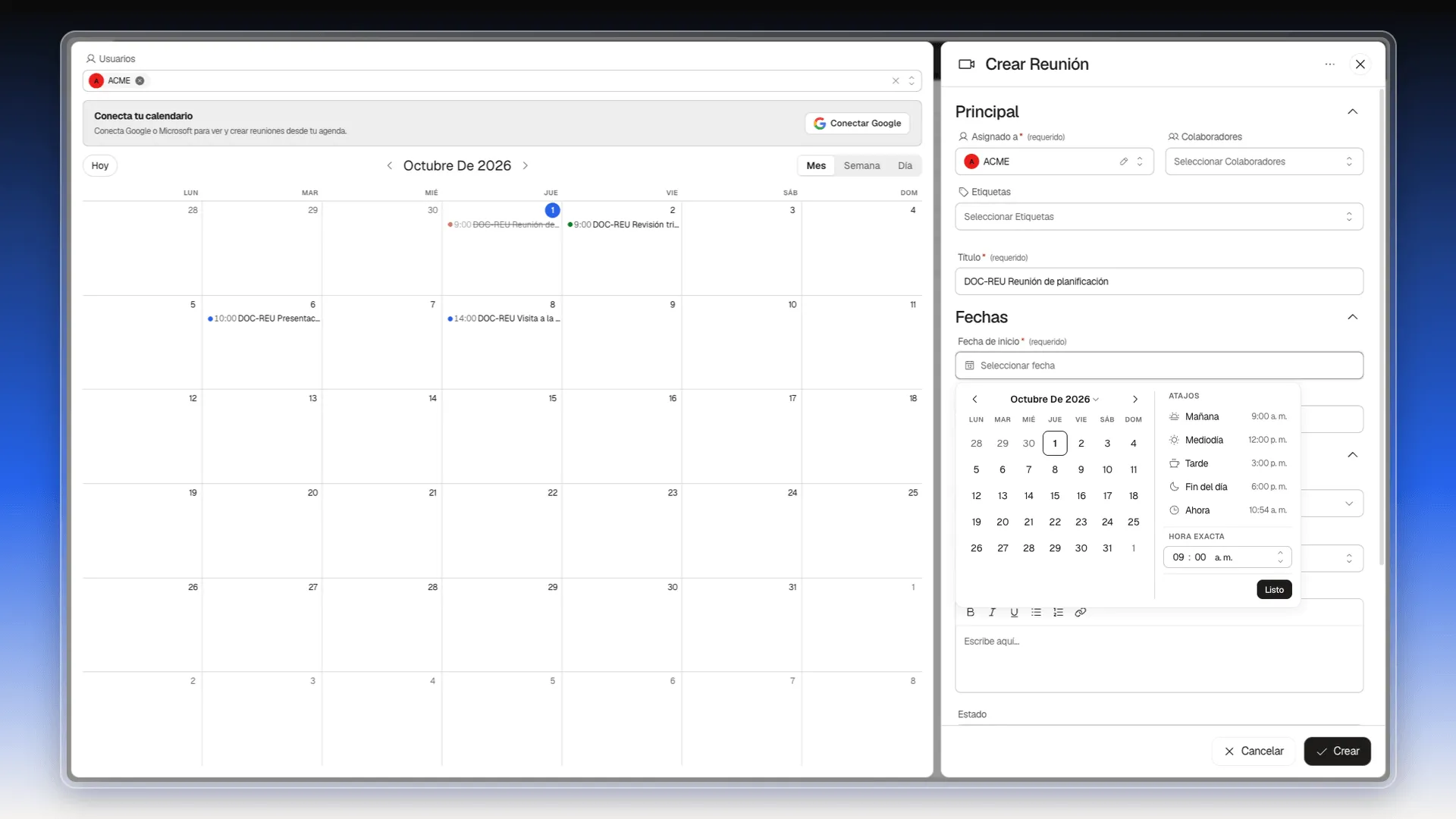 Selector de fecha con el mes de octubre, los atajos Mañana, Mediodía, Tarde, Fin del día y Ahora, y la hora exacta