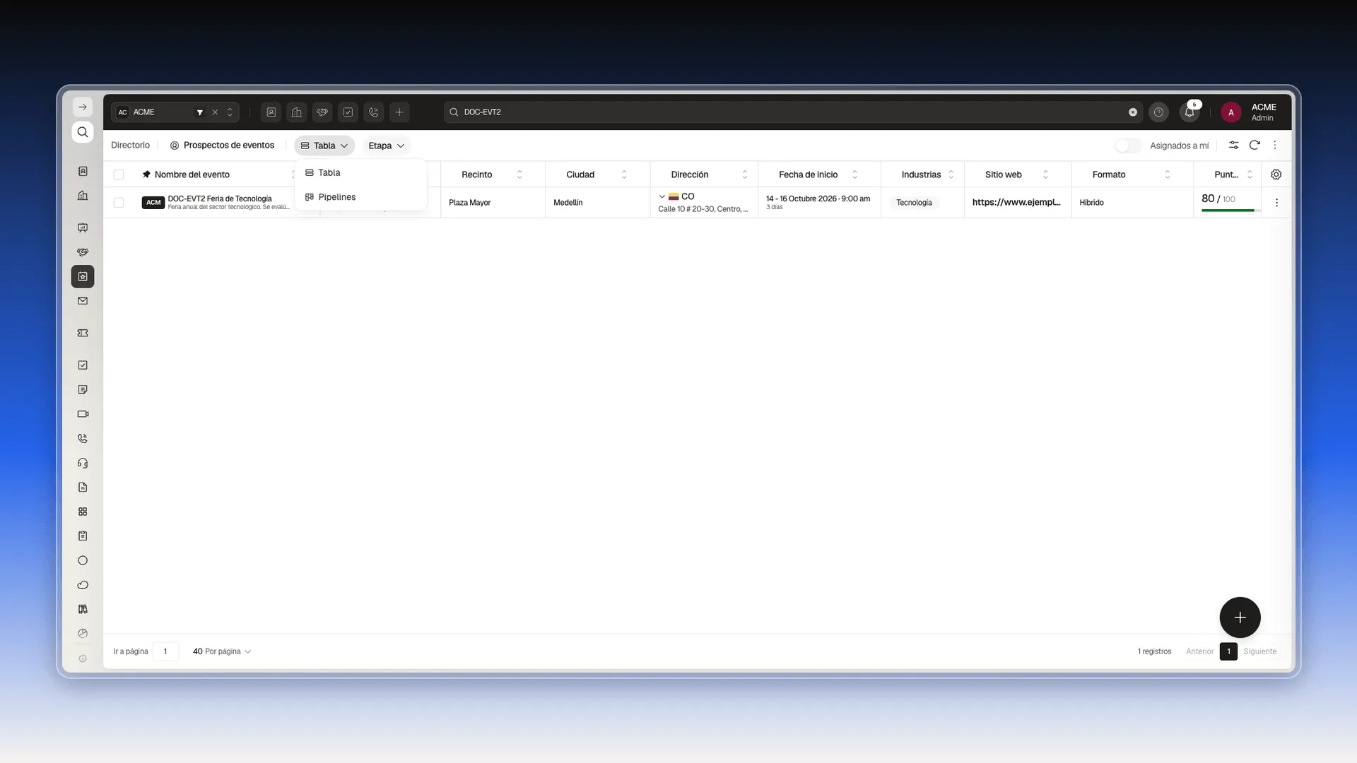 Selector de vista abierto con las opciones Tabla y Pipelines