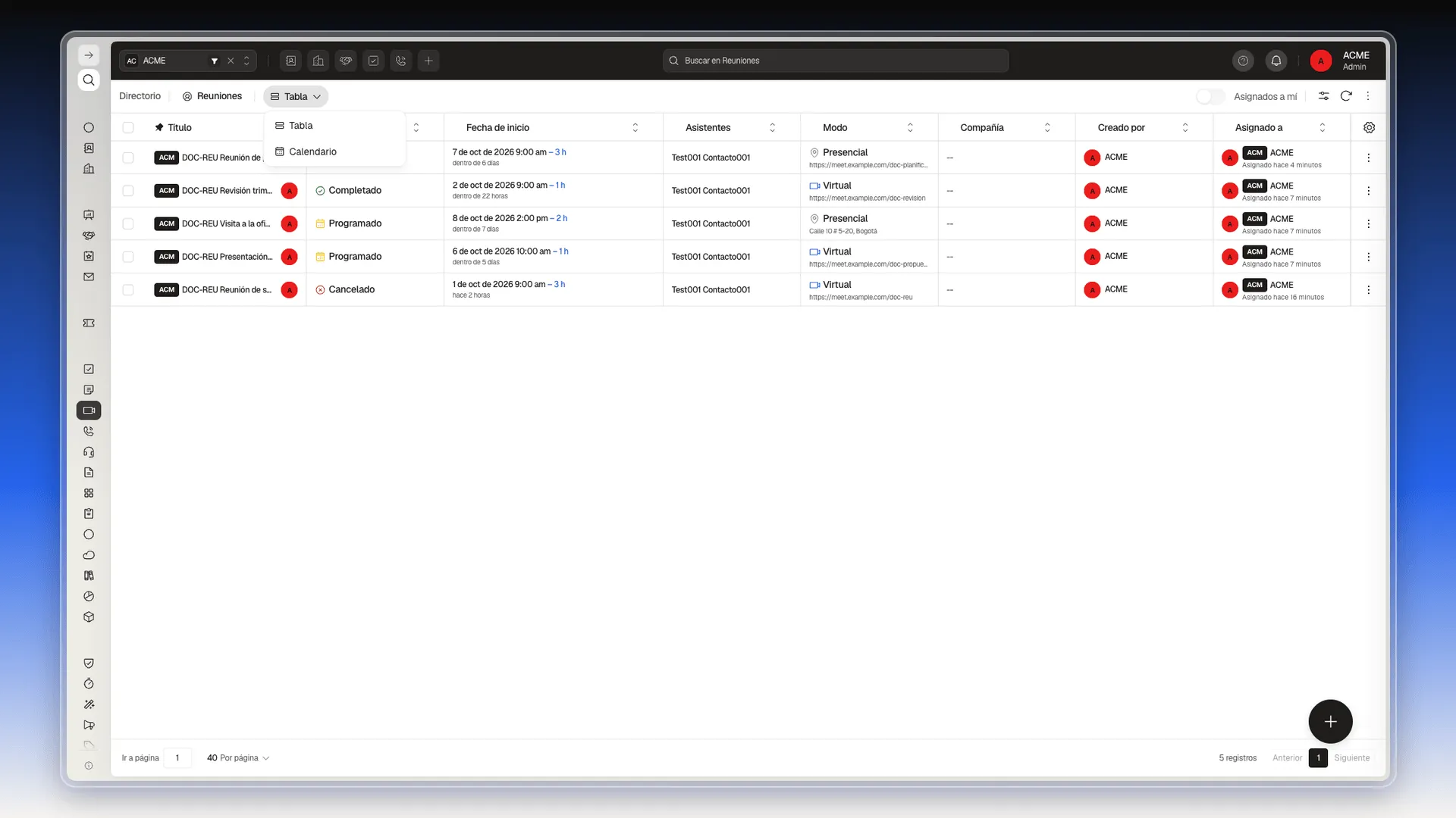 Selector de vista abierto sobre la tabla de Reuniones, con las opciones Tabla y Calendario