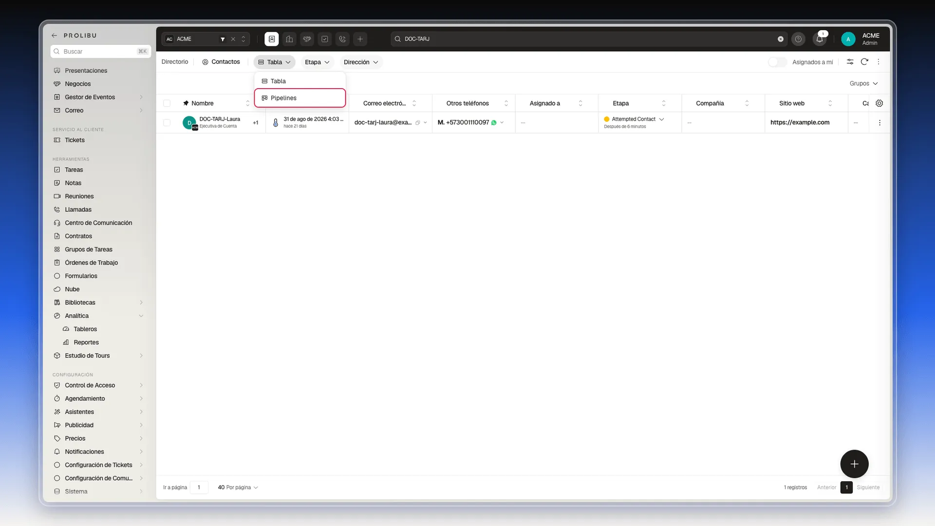 Selector de vista de Contactos abierto con la opción Pipelines resaltada debajo de Tabla