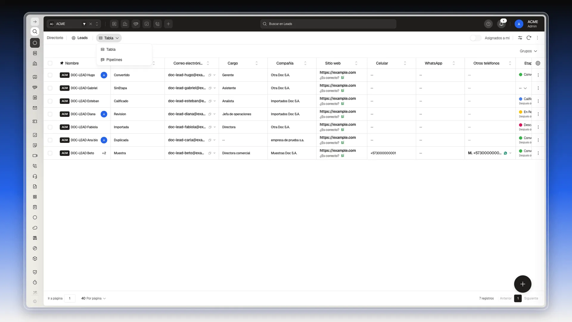 Selector de vista abierto con las opciones Tabla y Pipelines