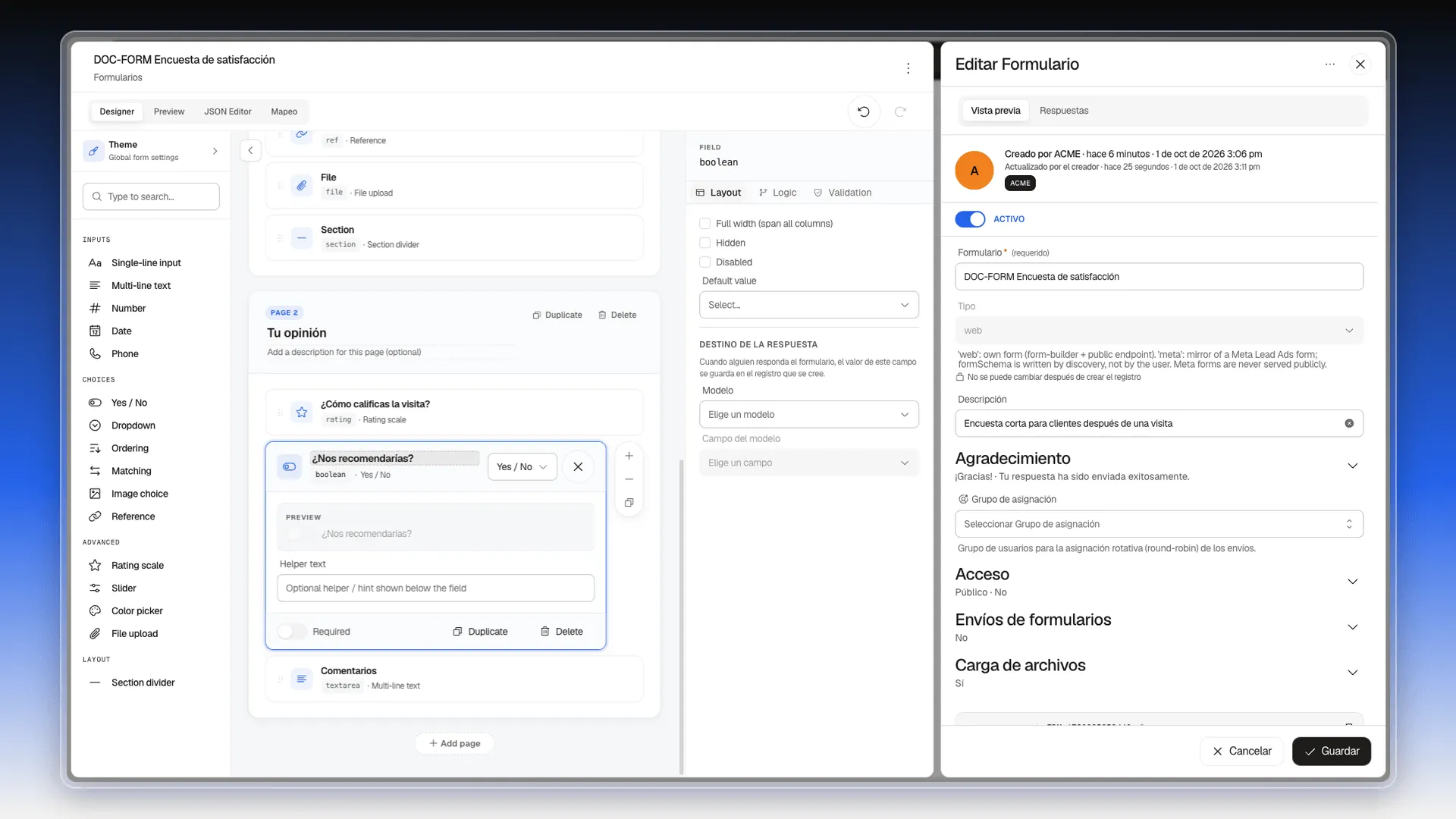 Campo Yes / No abierto con la pregunta Nos recomendarías y su vista previa con interruptor
