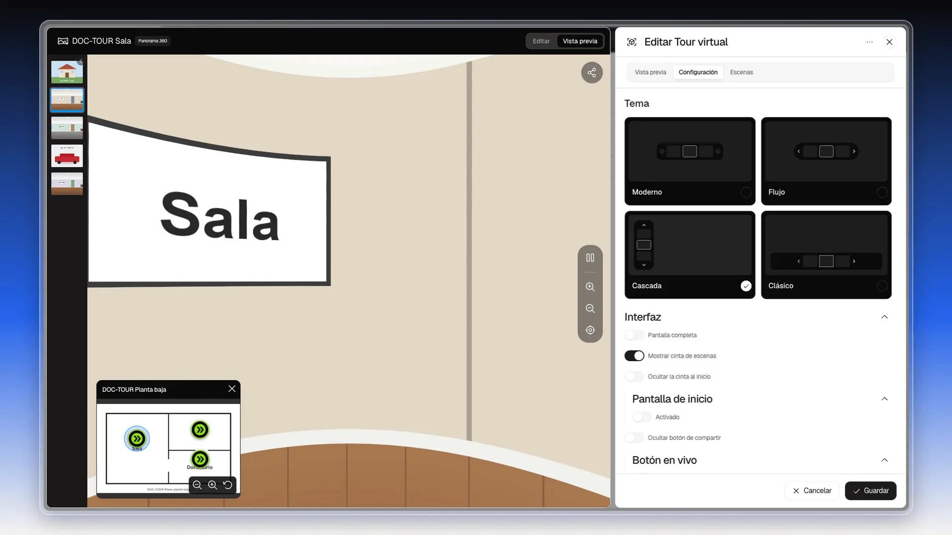 Tema Cascada marcado y la vista previa con la barra lateral de escenas a la izquierda