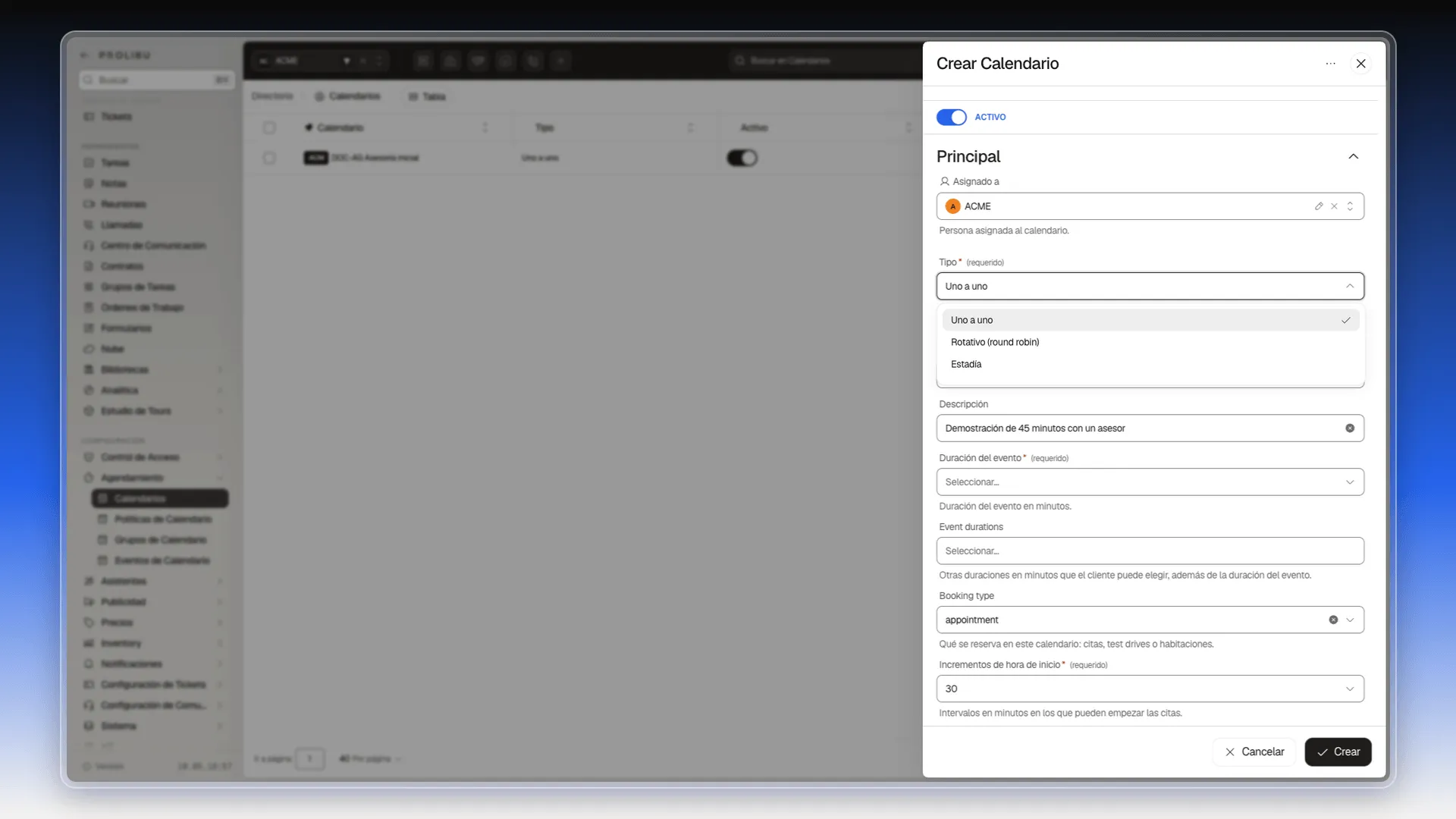 Panel Crear Calendario con el desplegable Tipo abierto y las opciones Uno a uno, Rotativo (round robin) y Estadía
