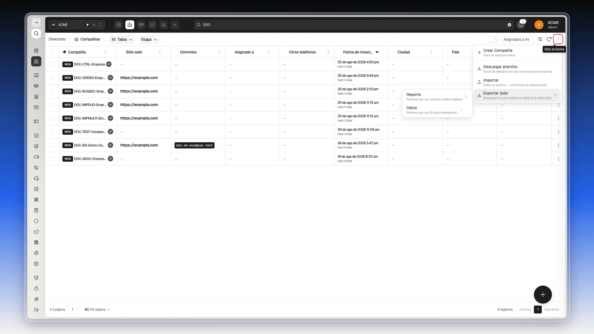 Submenú Exportar todo con las opciones Reporte y Datos