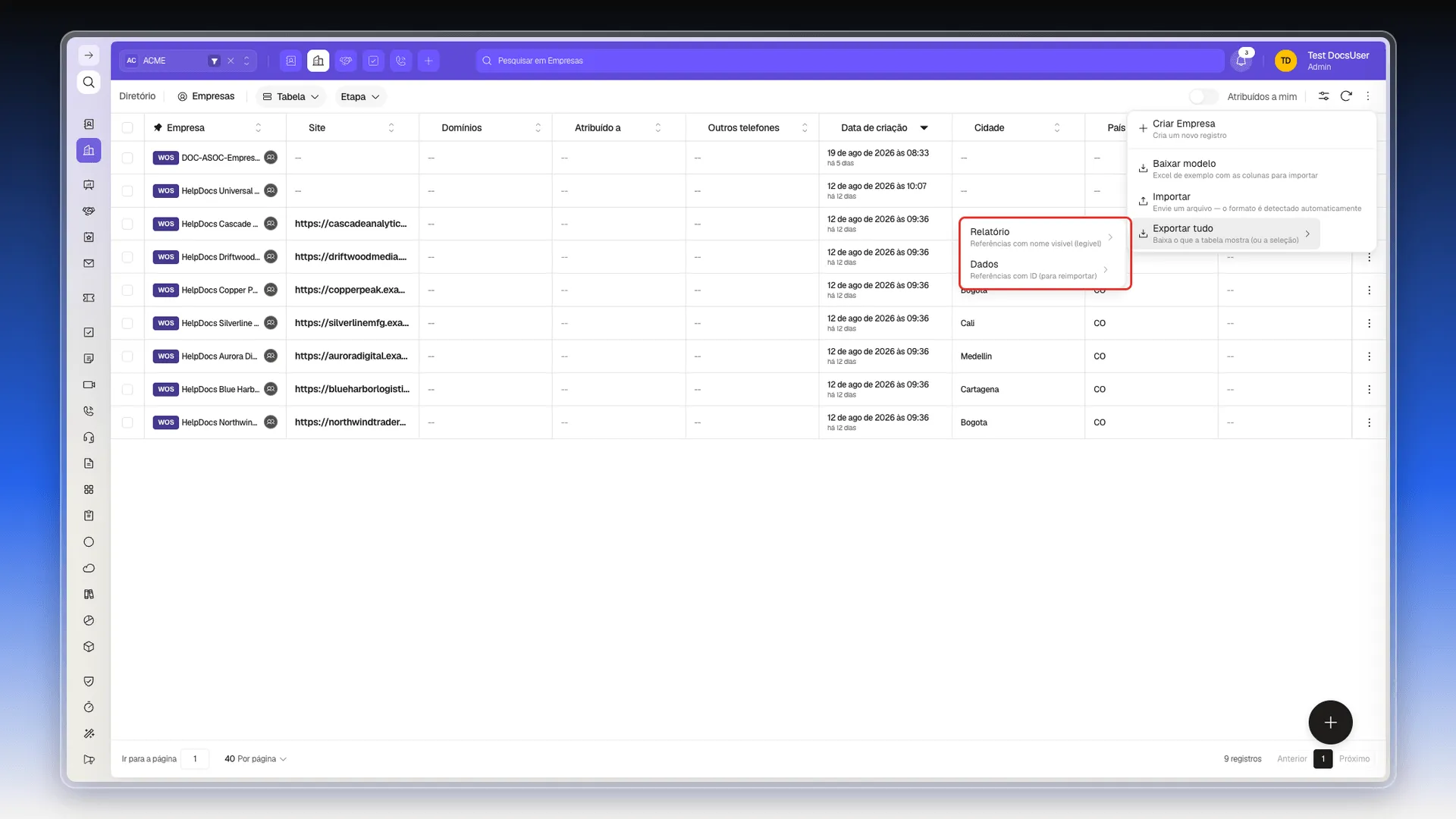 Submenu Exportar tudo com as opções Relatório e Dados