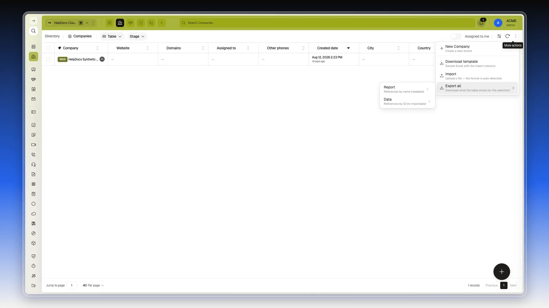 Export all submenu with Report and Data options