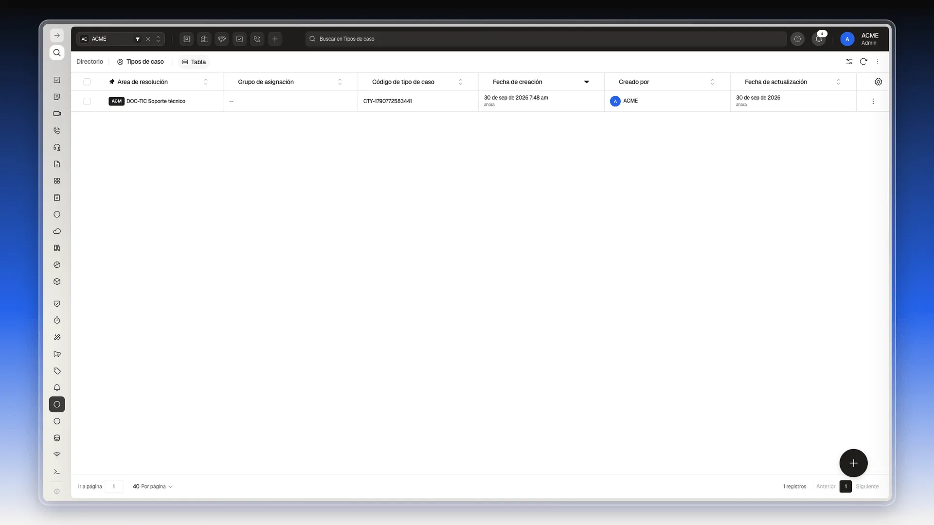 Tabla de Tipos de caso con un tipo creado, con su área de resolución y su código CTY