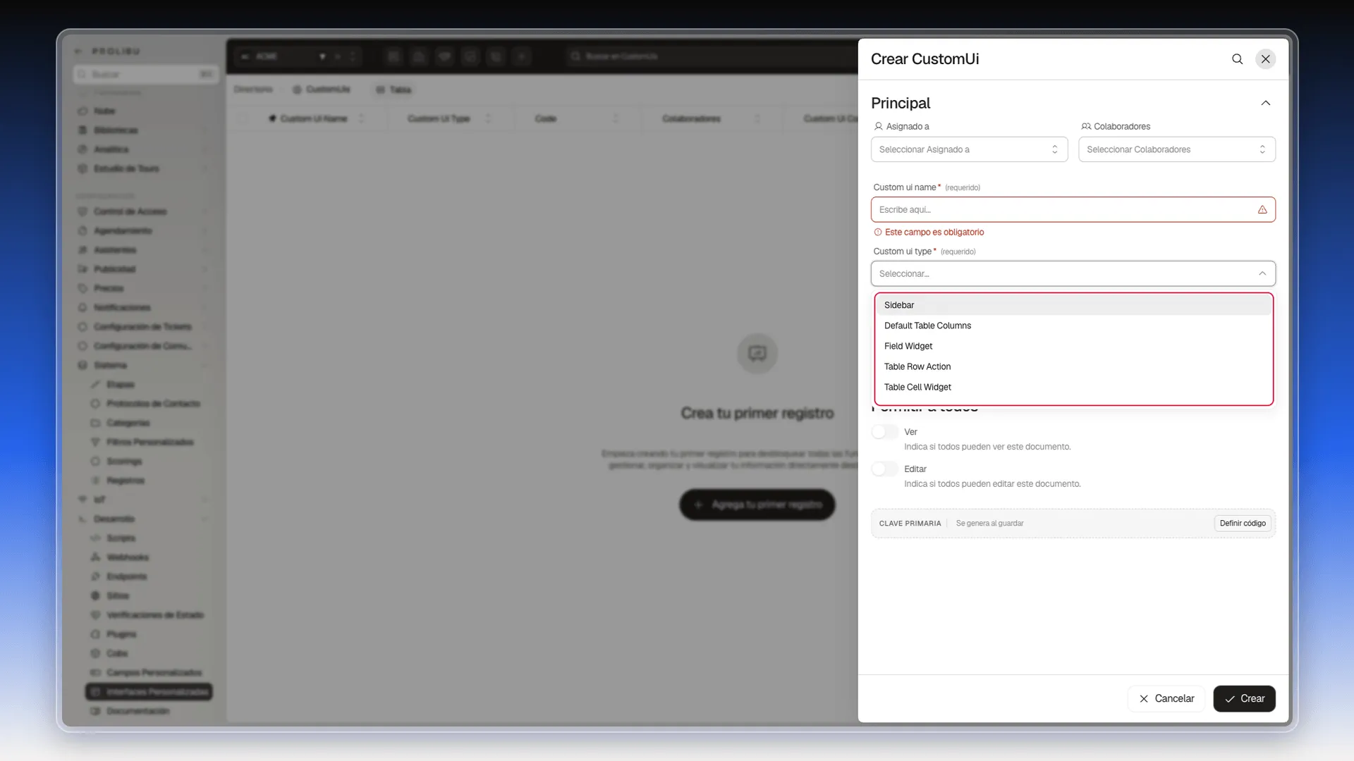 Panel Crear CustomUi con el desplegable Custom ui type abierto y resaltado, mostrando los cinco tipos