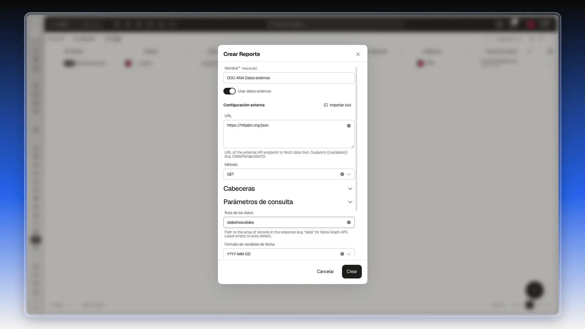 Configuración externa con la URL https://httpbin.org/json y la Ruta de los datos slideshow.slides