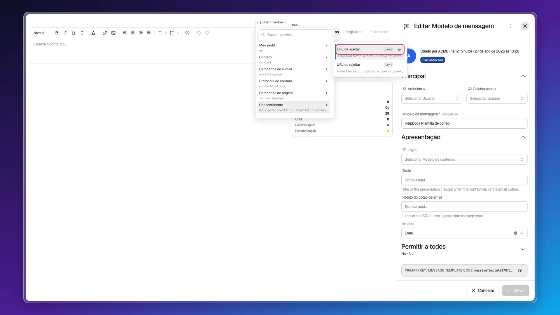 Menu Inserir variável com o grupo Consentimento aberto e URL de aceitar destacada