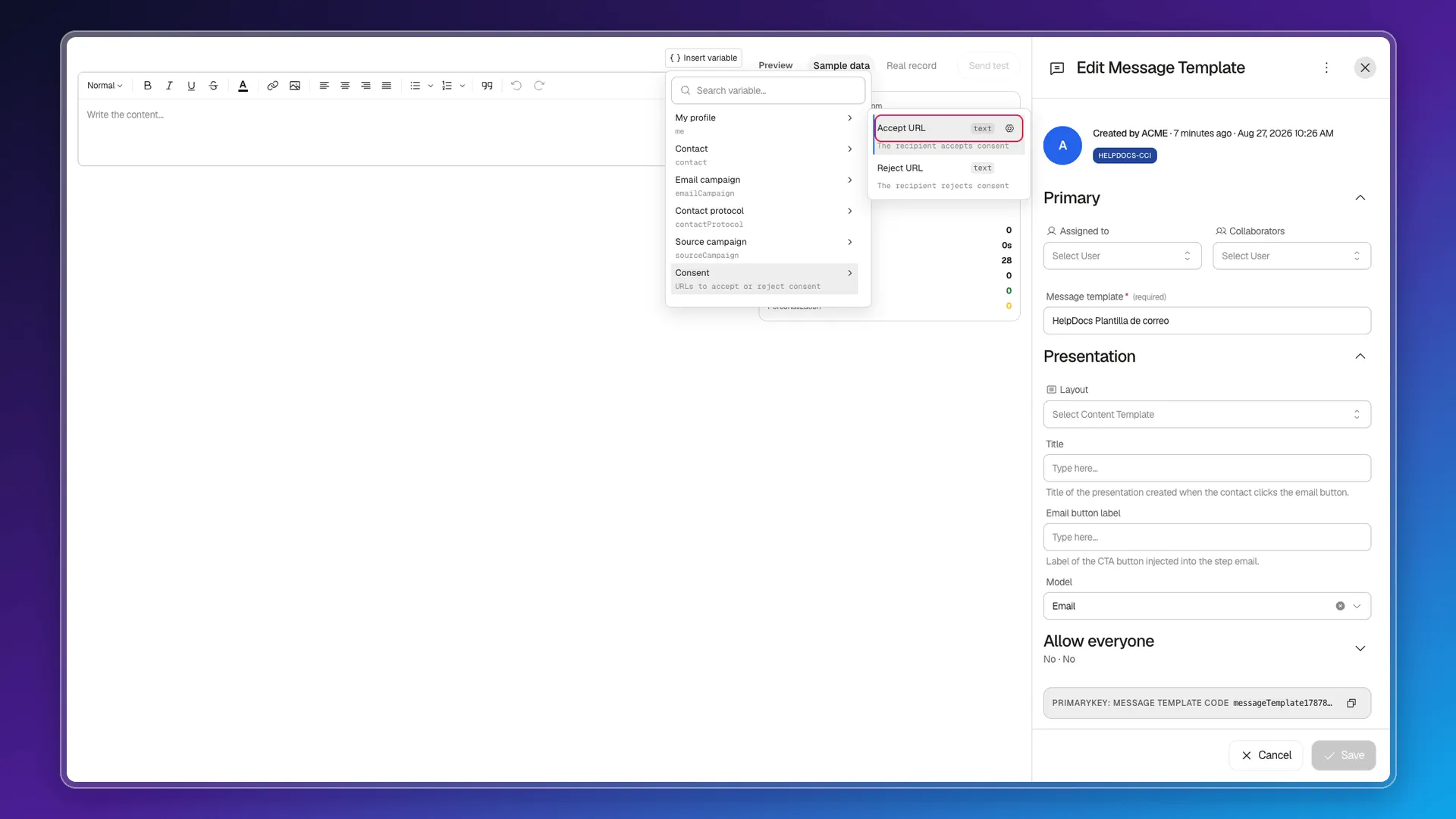 Insert variable menu with the Consent group open and Accept URL highlighted