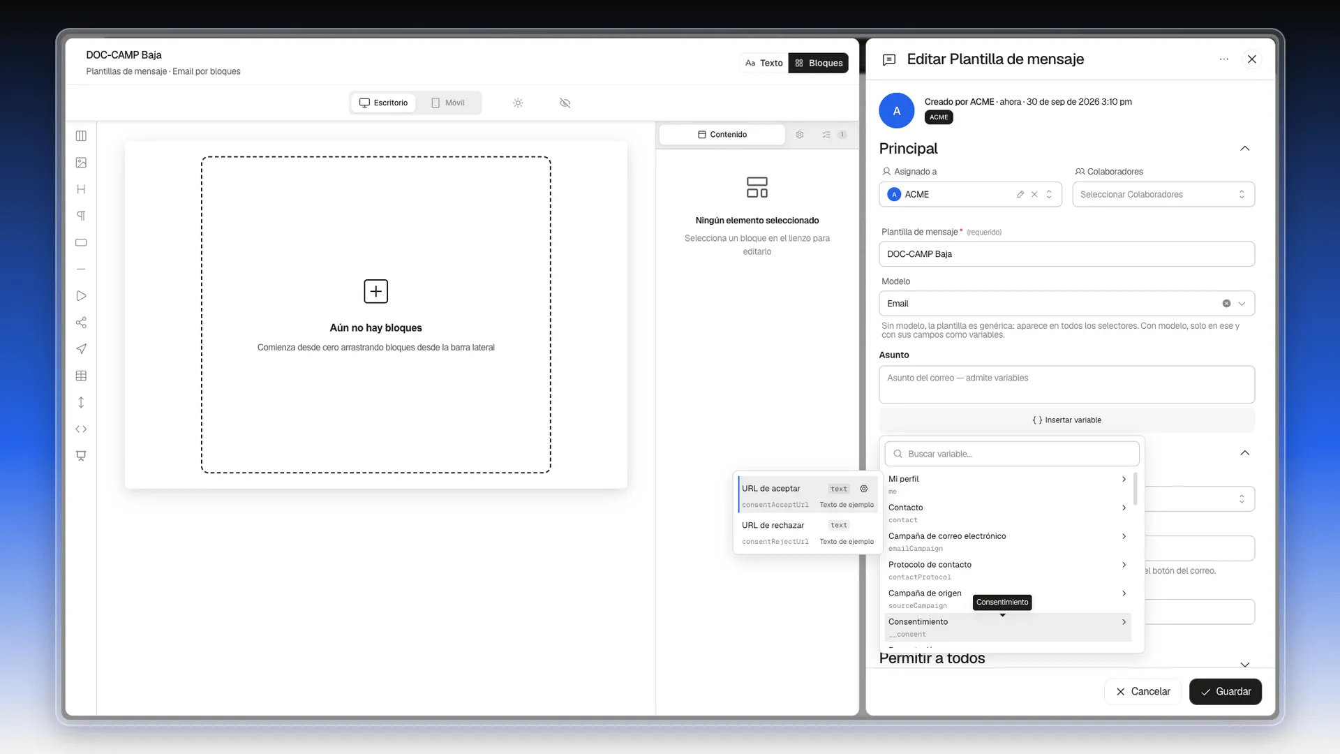 Editor de una plantilla con el menú Insertar variable abierto