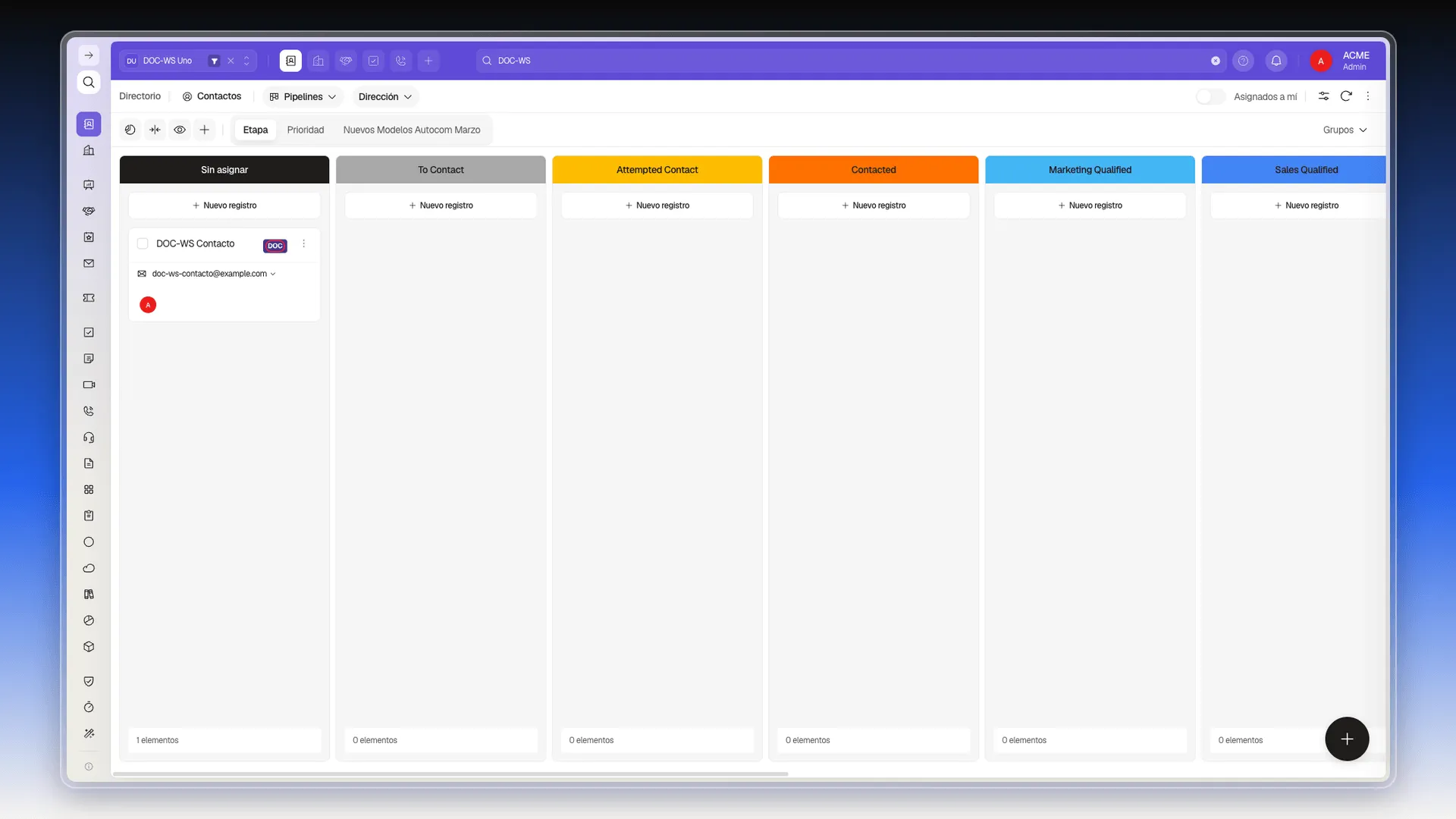 Contactos con el workspace DOC-WS Uno activo, la barra superior morada y una tarjeta con la etiqueta DOC