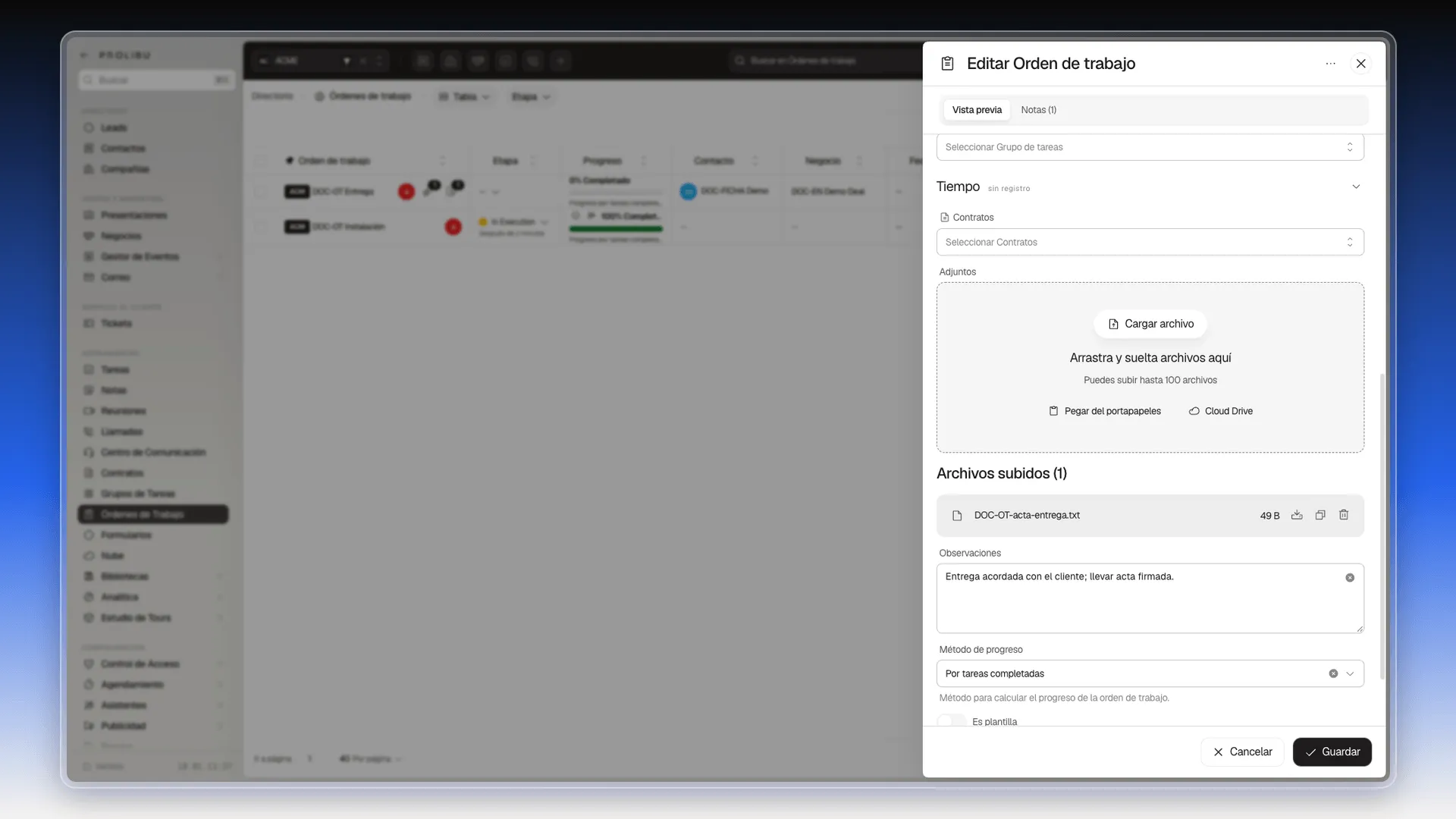 Sección Adjuntos con un archivo subido, su tamaño y los iconos de descarga y de papelera