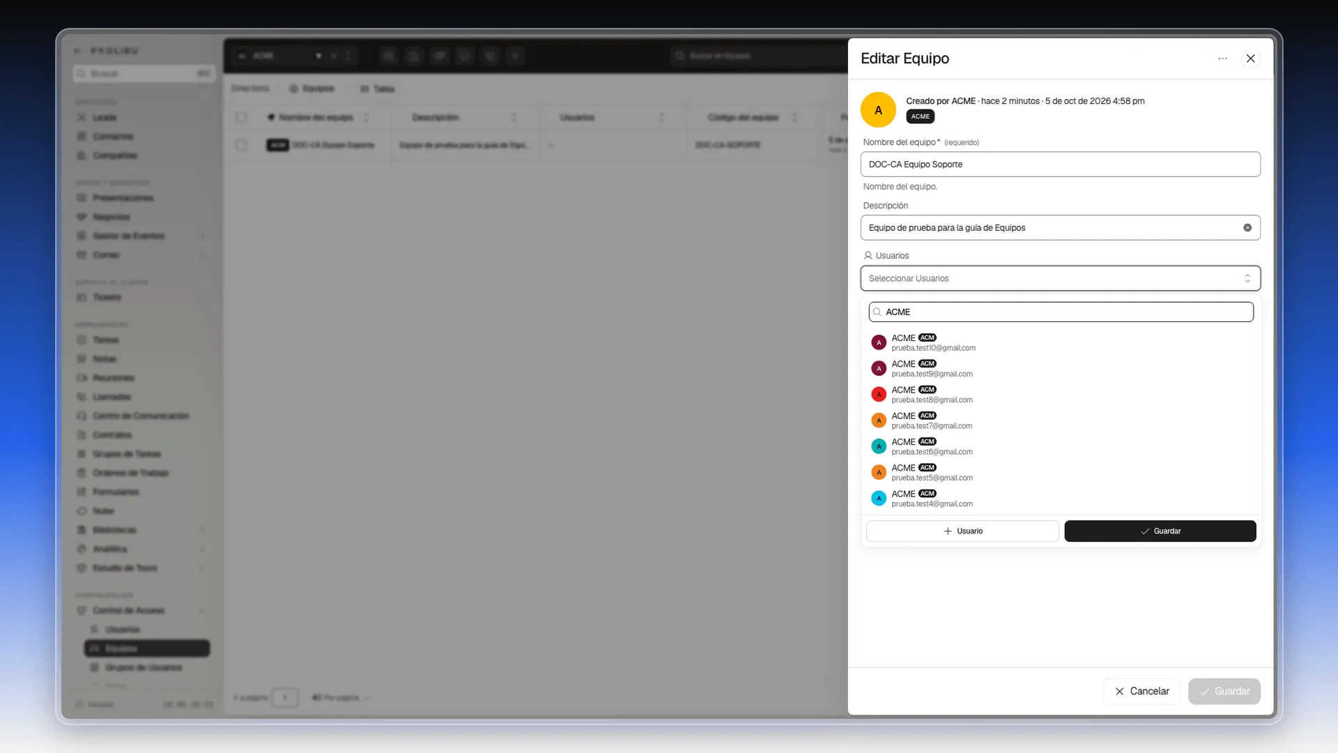Panel Editar Equipo con el selector Usuarios abierto y la búsqueda ACME, que muestra solo cuentas de prueba