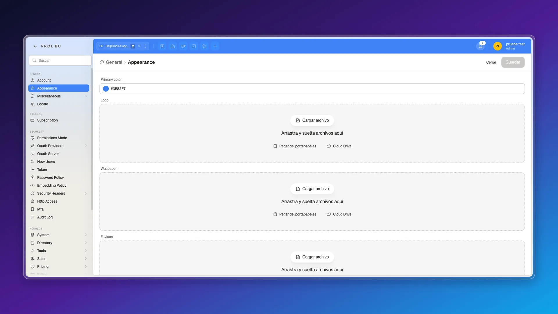 Appearance form with Primary color, Logo, Wallpaper, Favicon, and Font family