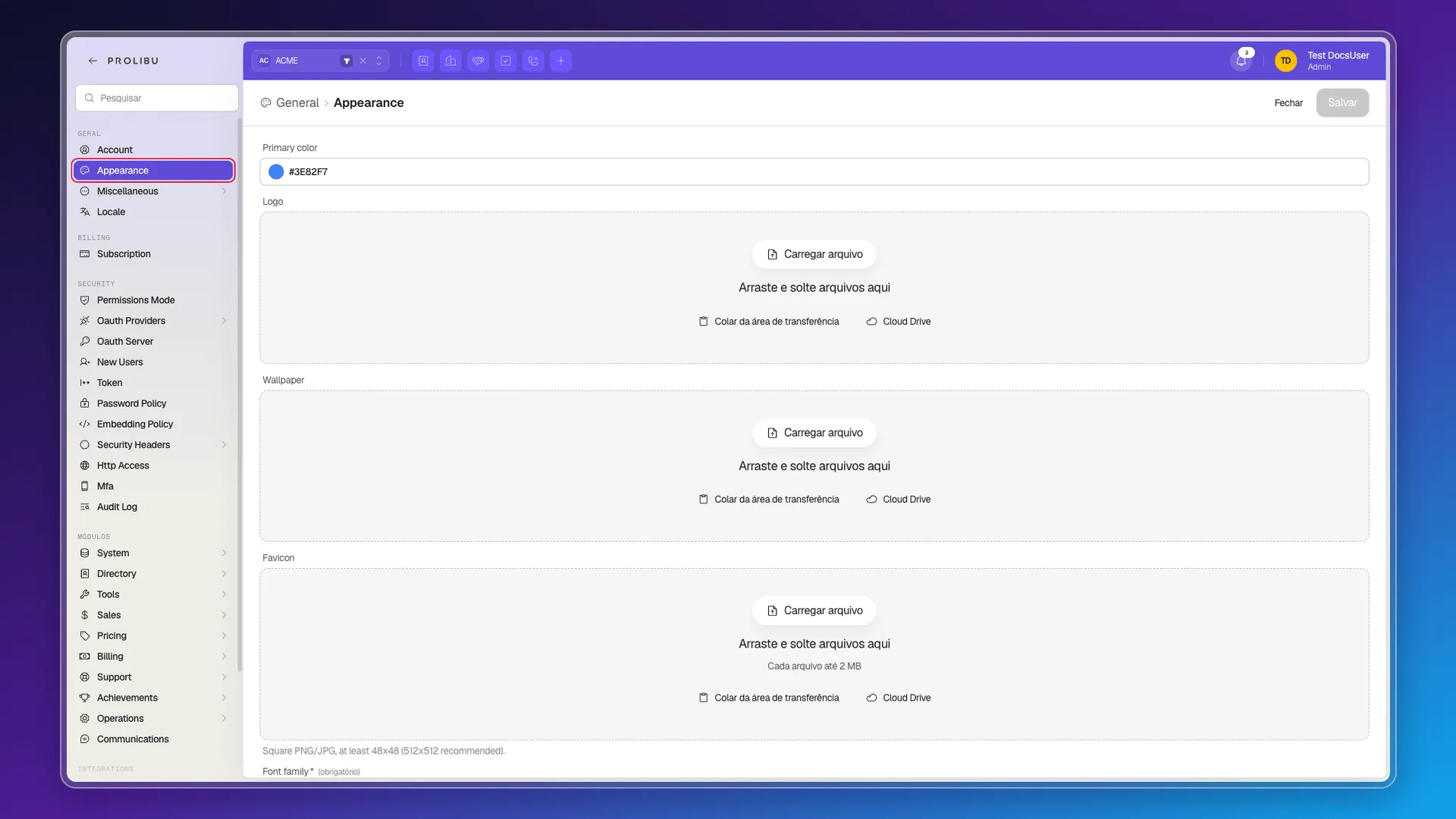 Formulário Appearance com Primary color, Logo, Wallpaper, Favicon e Font family