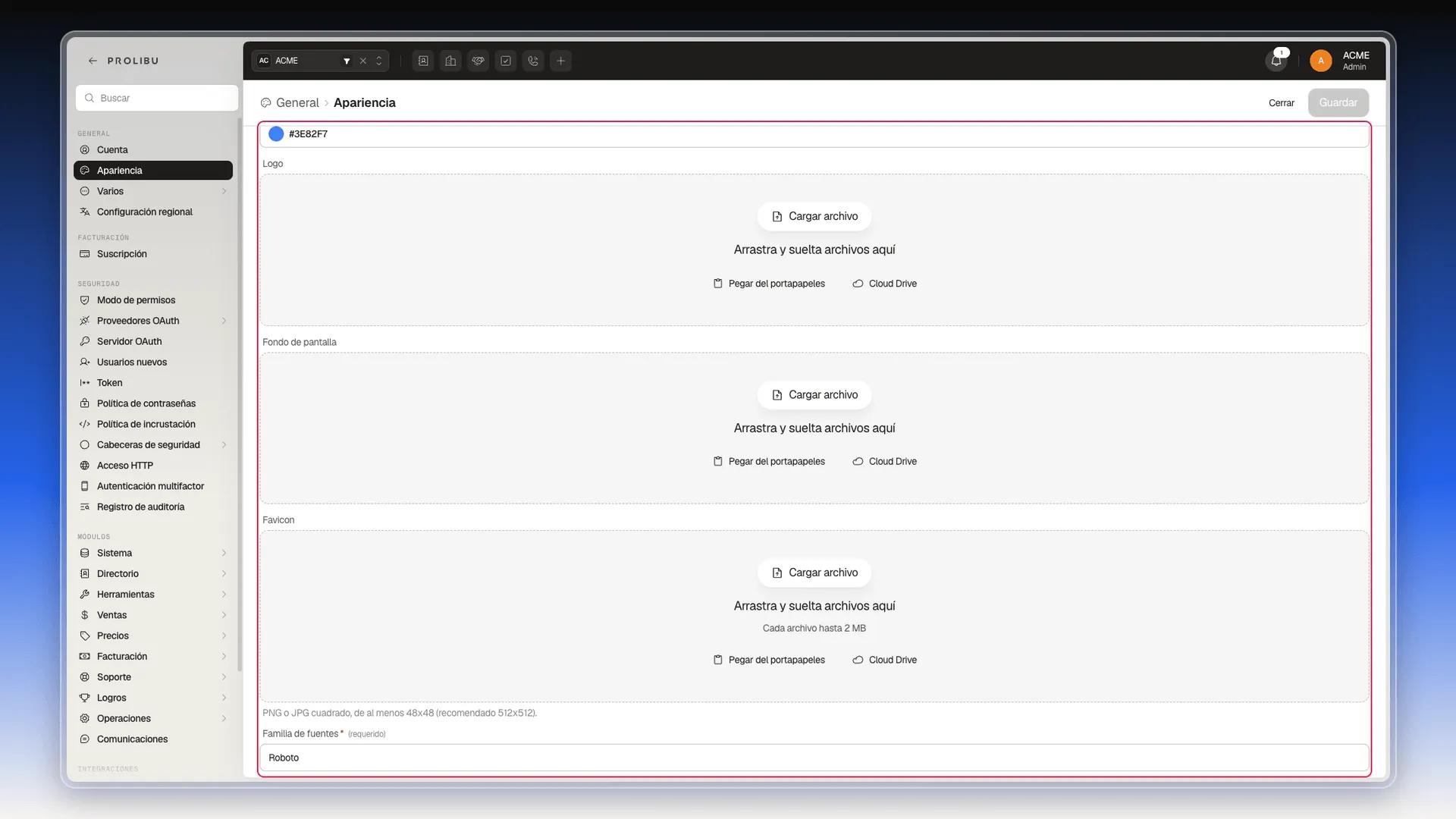 Formulario Apariencia con Color principal, Logo, Fondo de pantalla, Favicon y Familia de fuentes