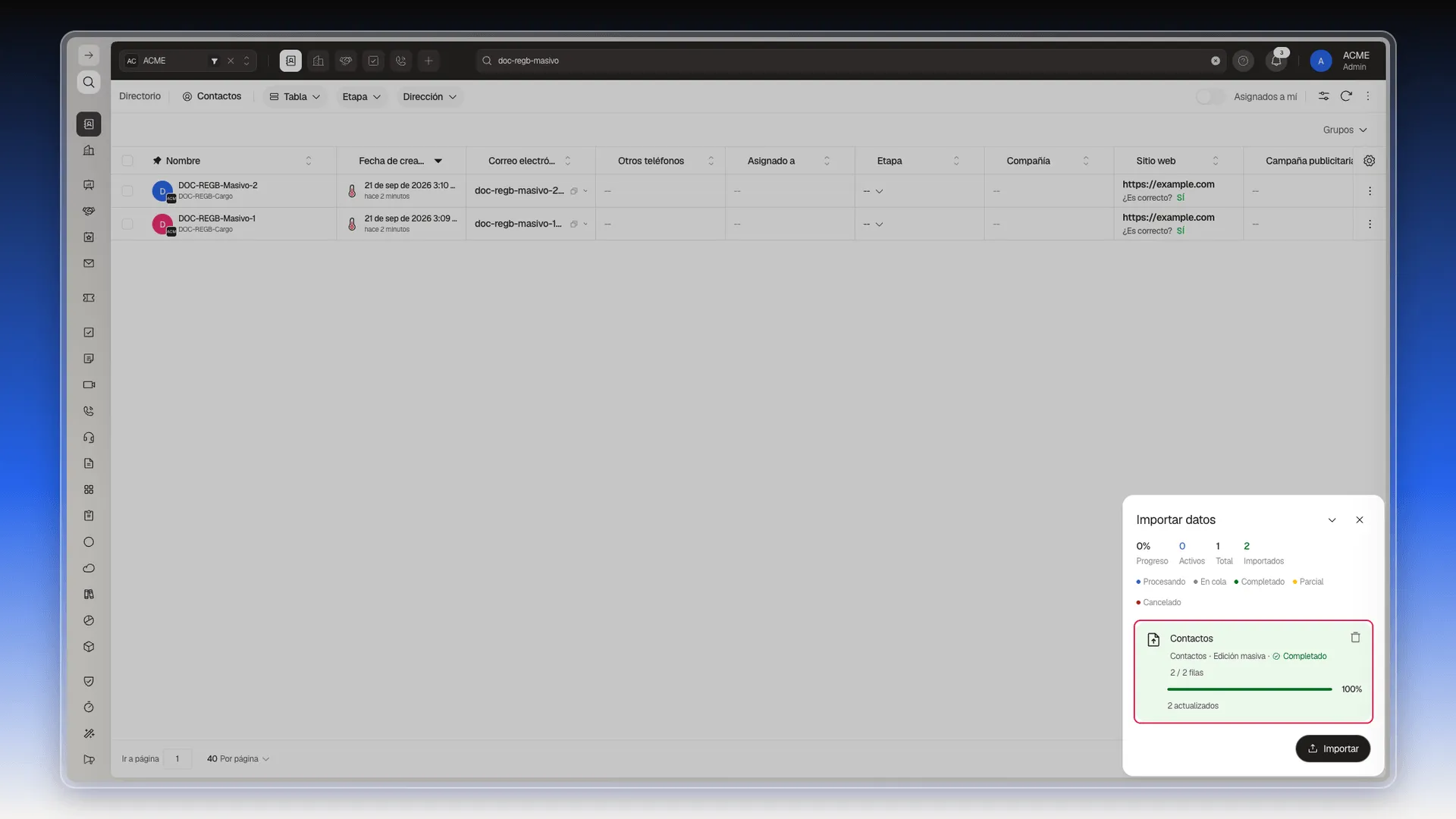 Panel Importar datos mostrando la edición masiva completada al 100%